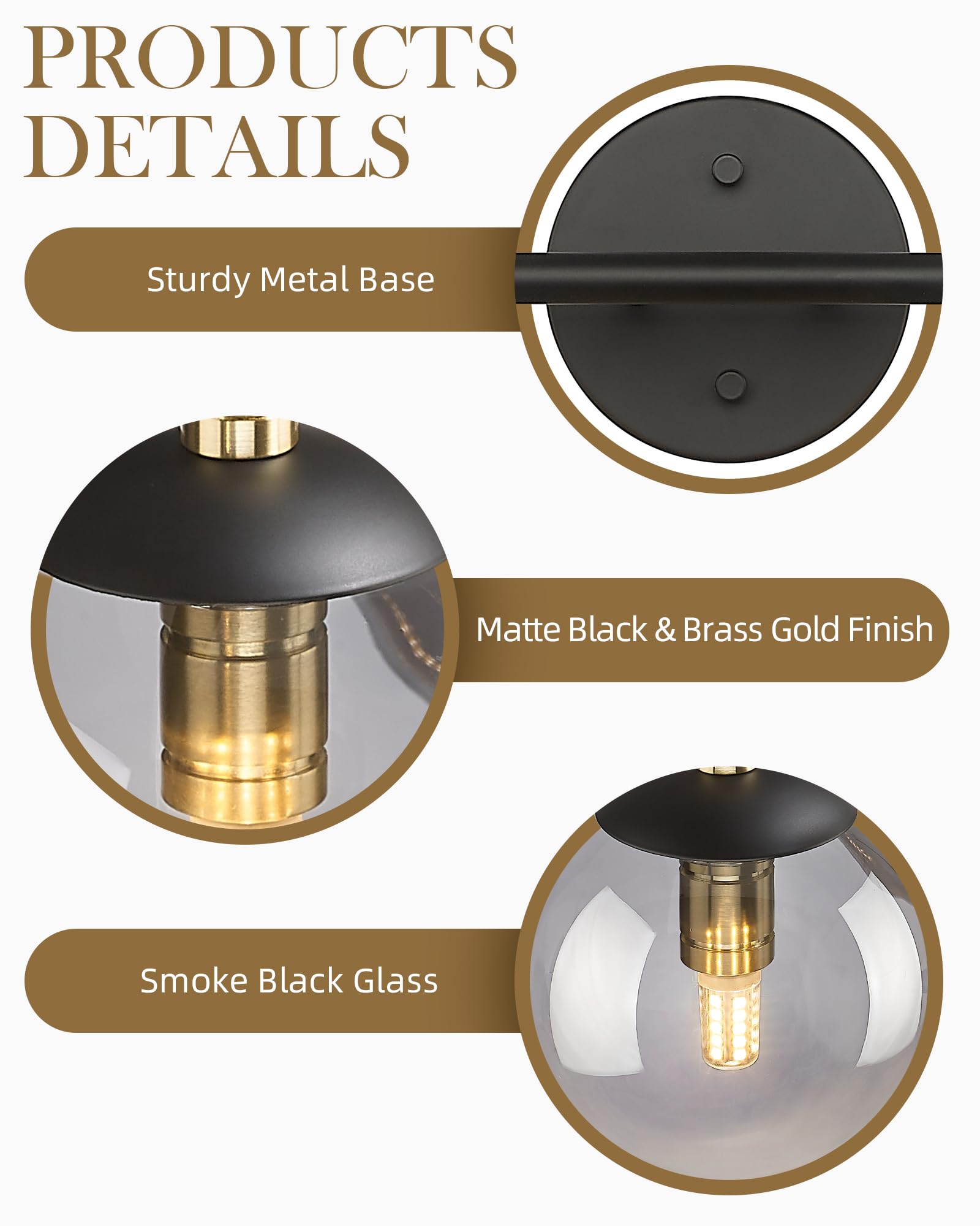 Lms Black Vanity Light, 3-Light Bathroom Light Fixtures 20.5 Inch, Black And Brass Gold Finish With Globe Glass Shade, Lms-117