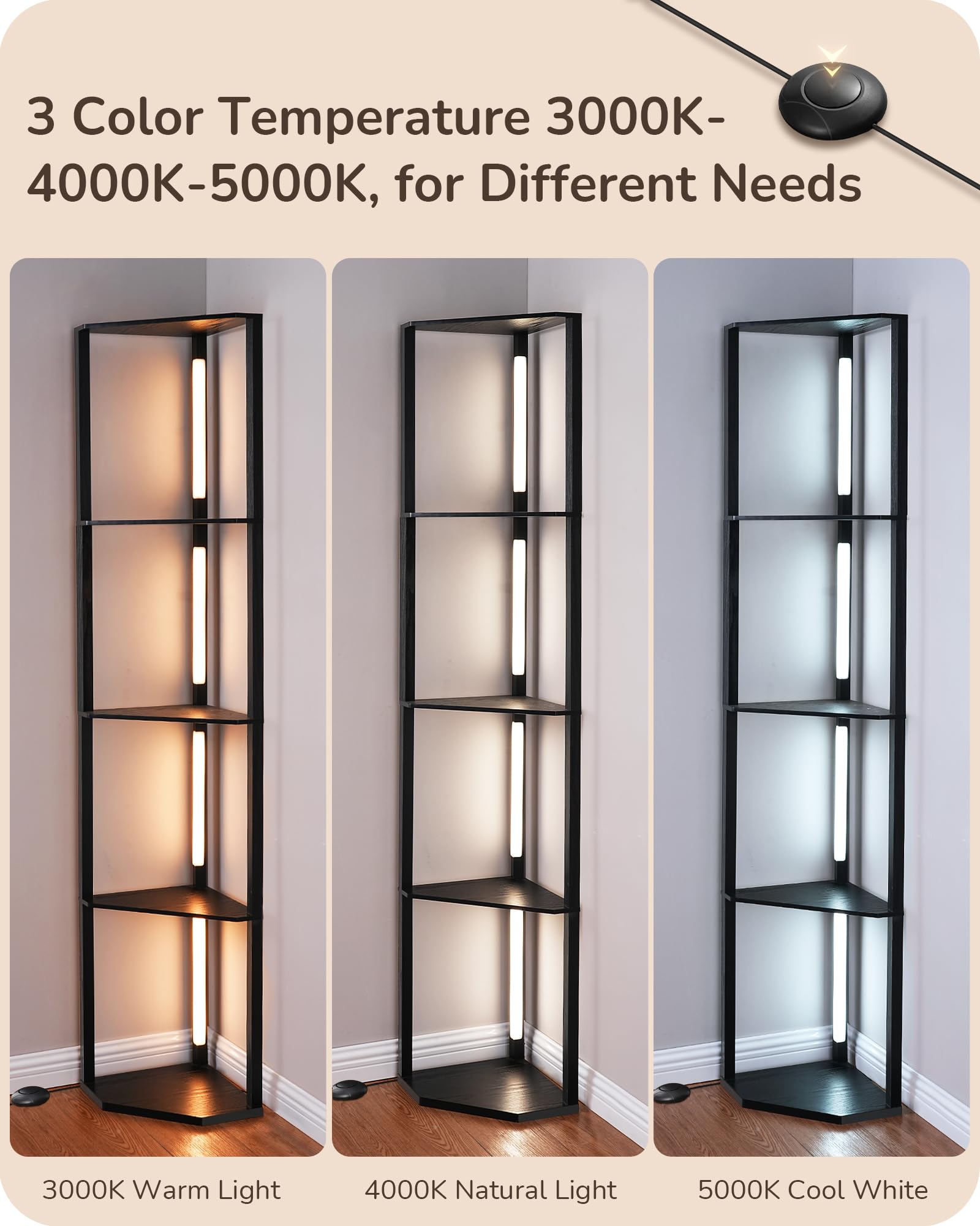 EDISHINE 64in Corner Display Shelf with Light, Stepless Dimmable Floor Lamp, Black Wood