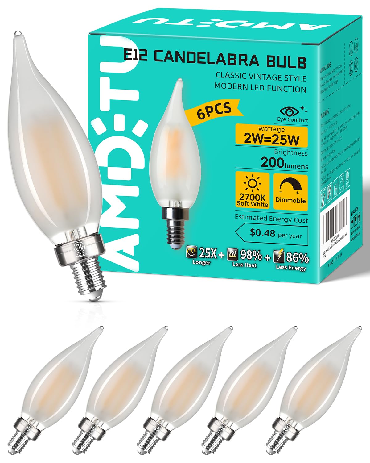 AMDTU E12 LED Candelabra Bulb 25 Watt Equivalent Dimmable Frosted Candle Light Bulb Warm White 2700k Small Base CA10 Chandelier Lightbulb Long Lasting Dining Room and Bedrooms for Cozy Settings