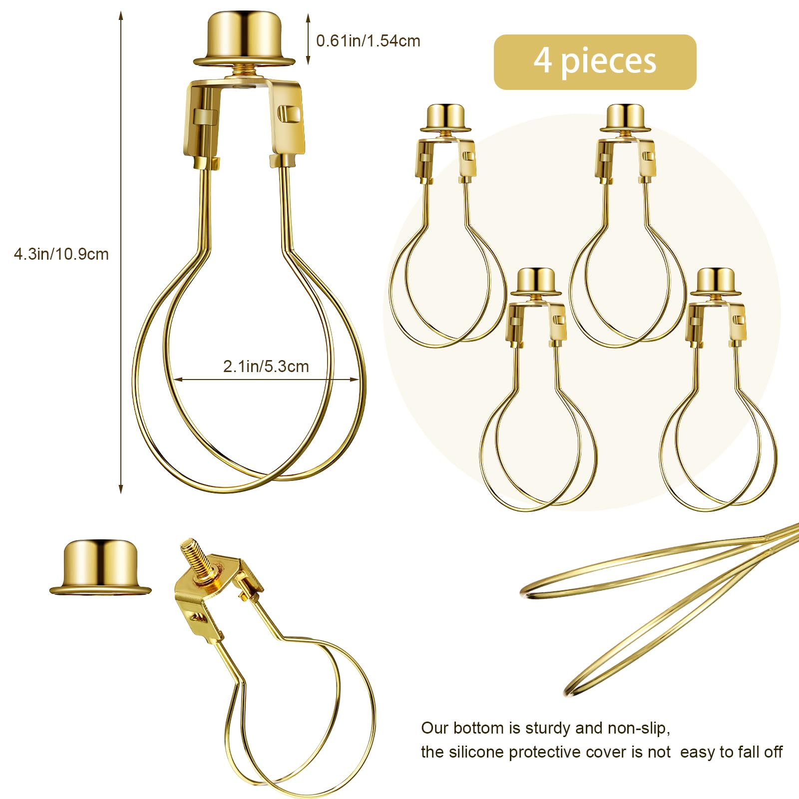 Honoson Bulb Lamp Shade Adapter, Metal Clip-on Lampshade with Finial and Levellers, Golden, Set of 4