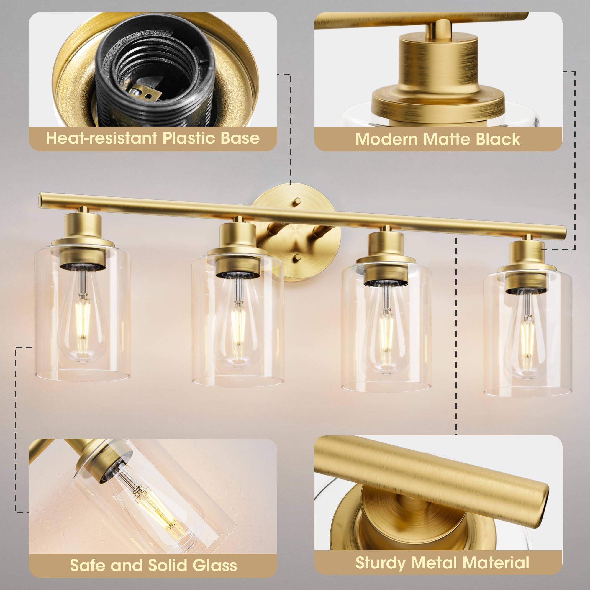 Weyderk 4-Light Gold Bathroom Vanity Light Fixture, Metal with Clear Glass Shades, UL Certified, Model BD
