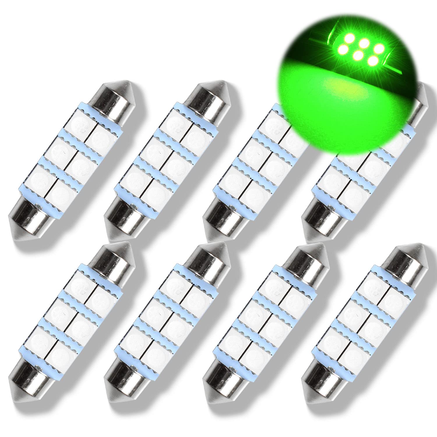 SAWE Festoon LED Bulbs 6-SMD 5050 for Dome Map Light, Pack of 8, 42mm/41mm, Green