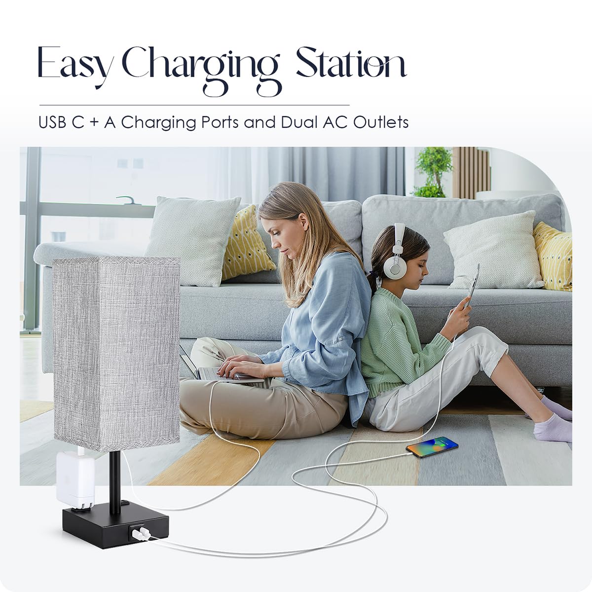 Soilsiu Bedside Lamp - Touch Control Table Lamp with USB C+A Ports, 3-Way Dimmable, 4.3" Width, Gray, LED Bulb Included, Model
