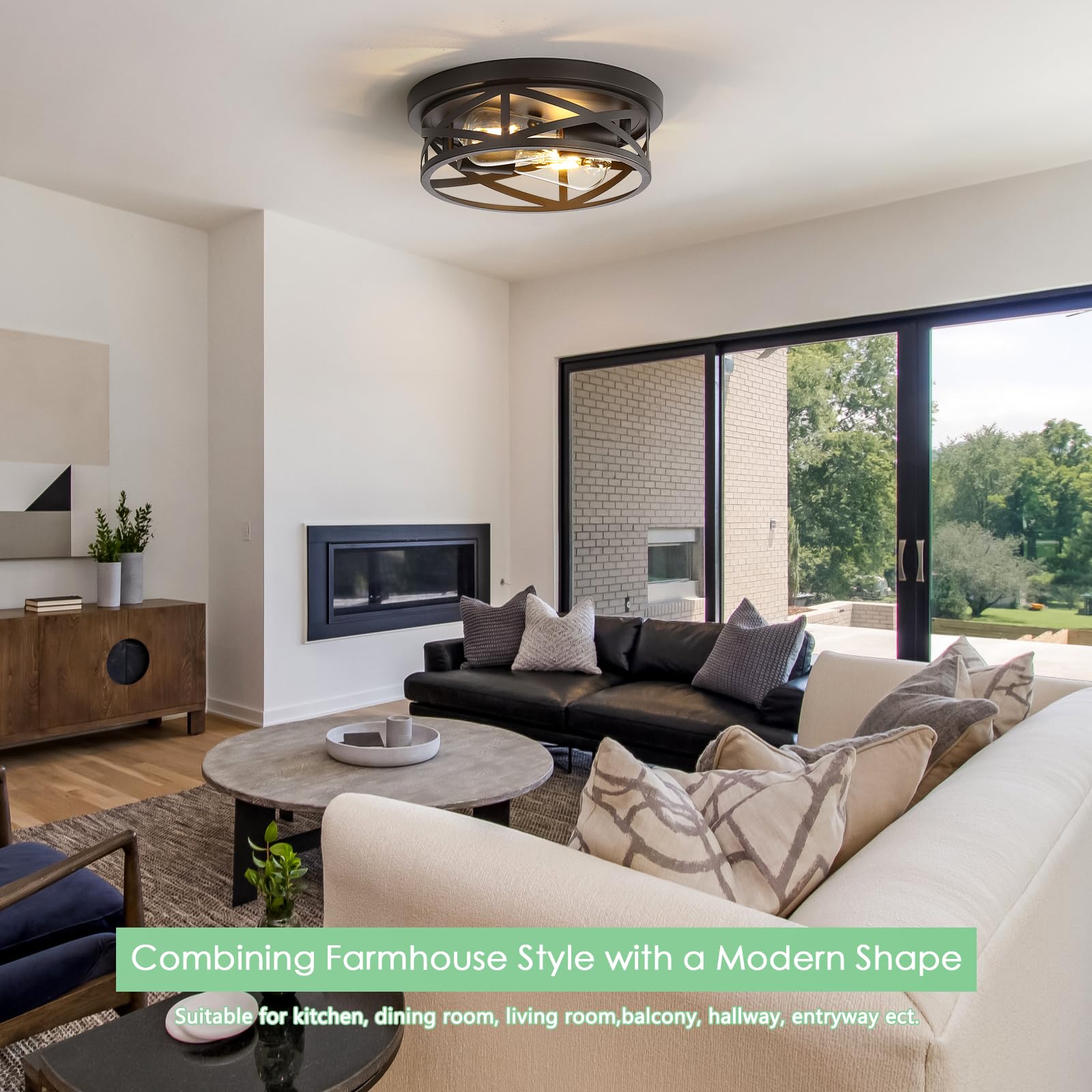 Sewterolyn Black Flush Mount Ceiling Light Fixture,2-Light Industrial Farmhouse Ceiling Light Fixture,Black Light Fixture Ceilin