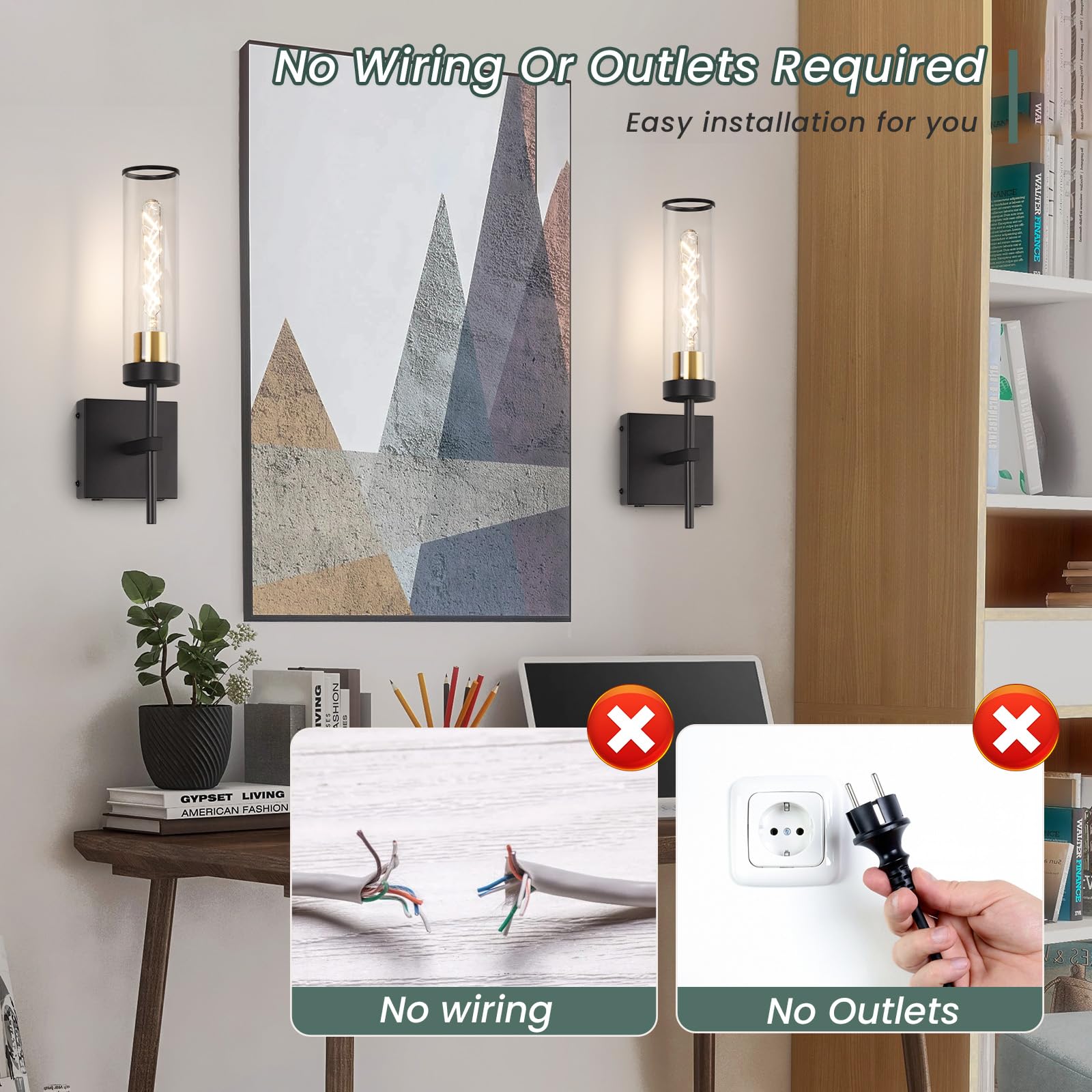 Loiogohot Battery Operated Wall Sconce, 10400mAh, Dimmable, Remote Control, Black & Metal Edge, Model WL-BN2426-BK-ME