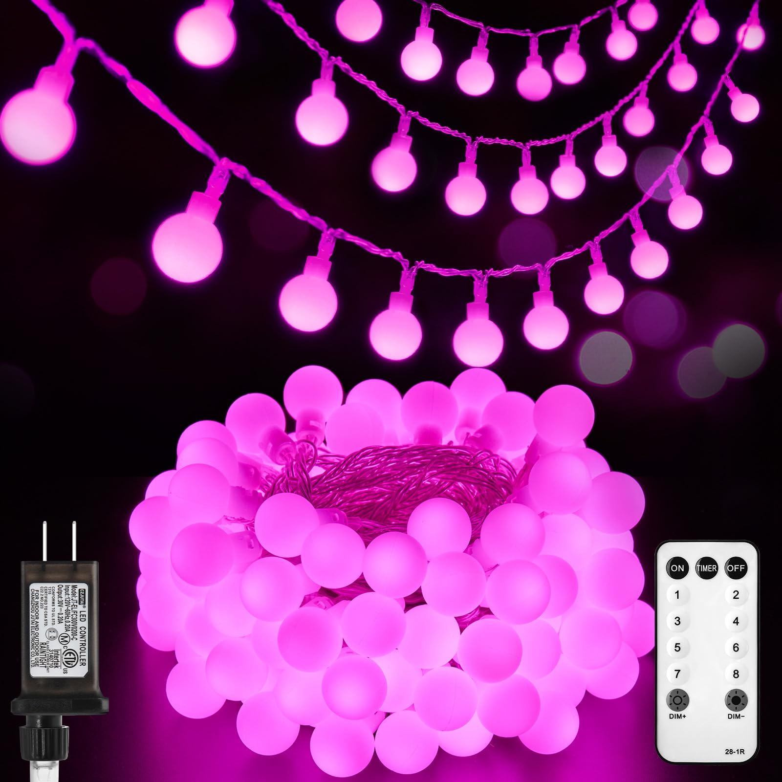 Minetom Globe String Lights  33 Feet 100 Led Fairy Lights Plug In  8 Modes With Remote Mini Globe Lights For Indoor Outdoor Bedroom Party Wedding Garden Christmas Tree Decor  Pink