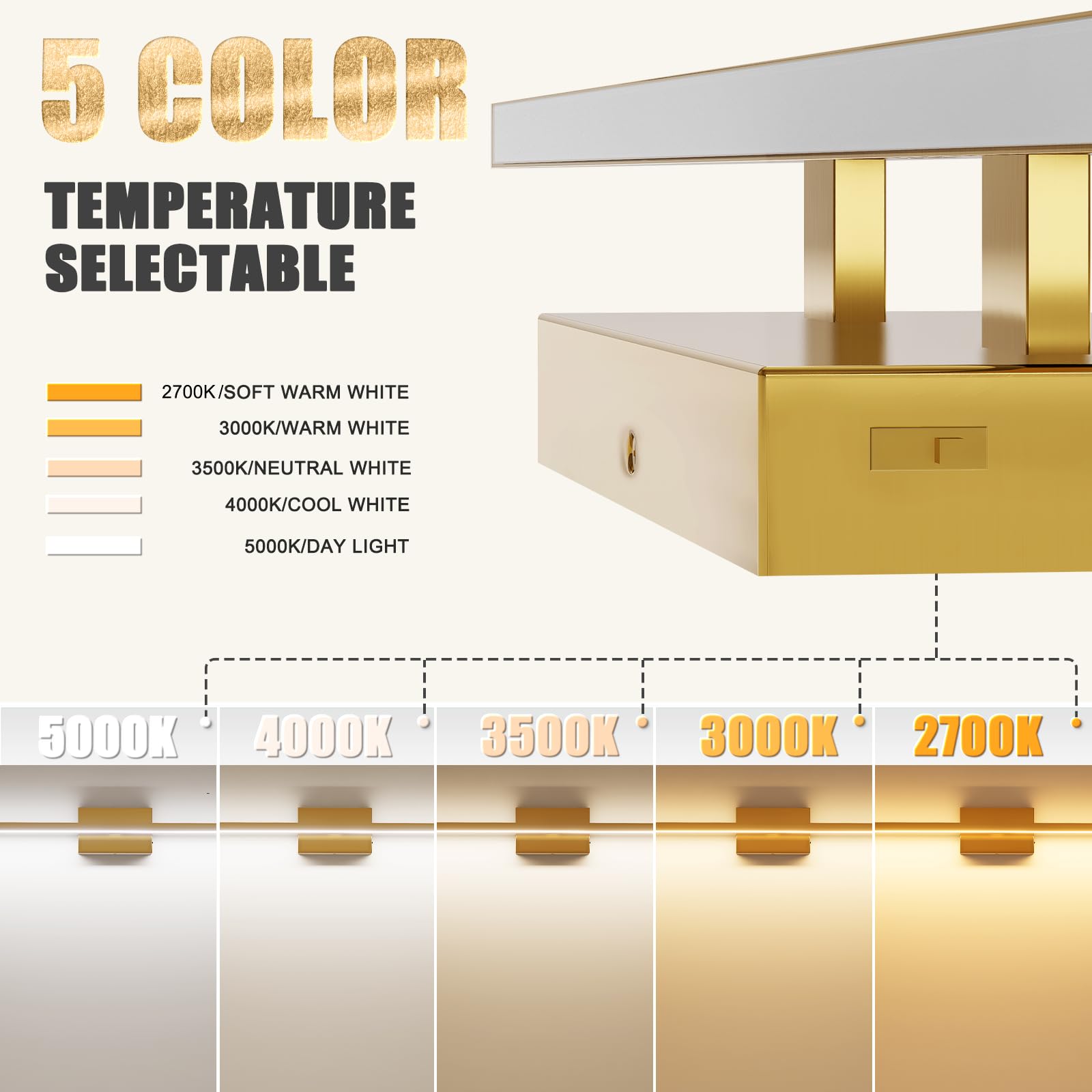 VOLISUN Bathroom Vanity Light 48in Brass LED, 30W Dimmable, 5CCT, Model 2160101ZM, Acrylic Fixture for Mirror Cabinets