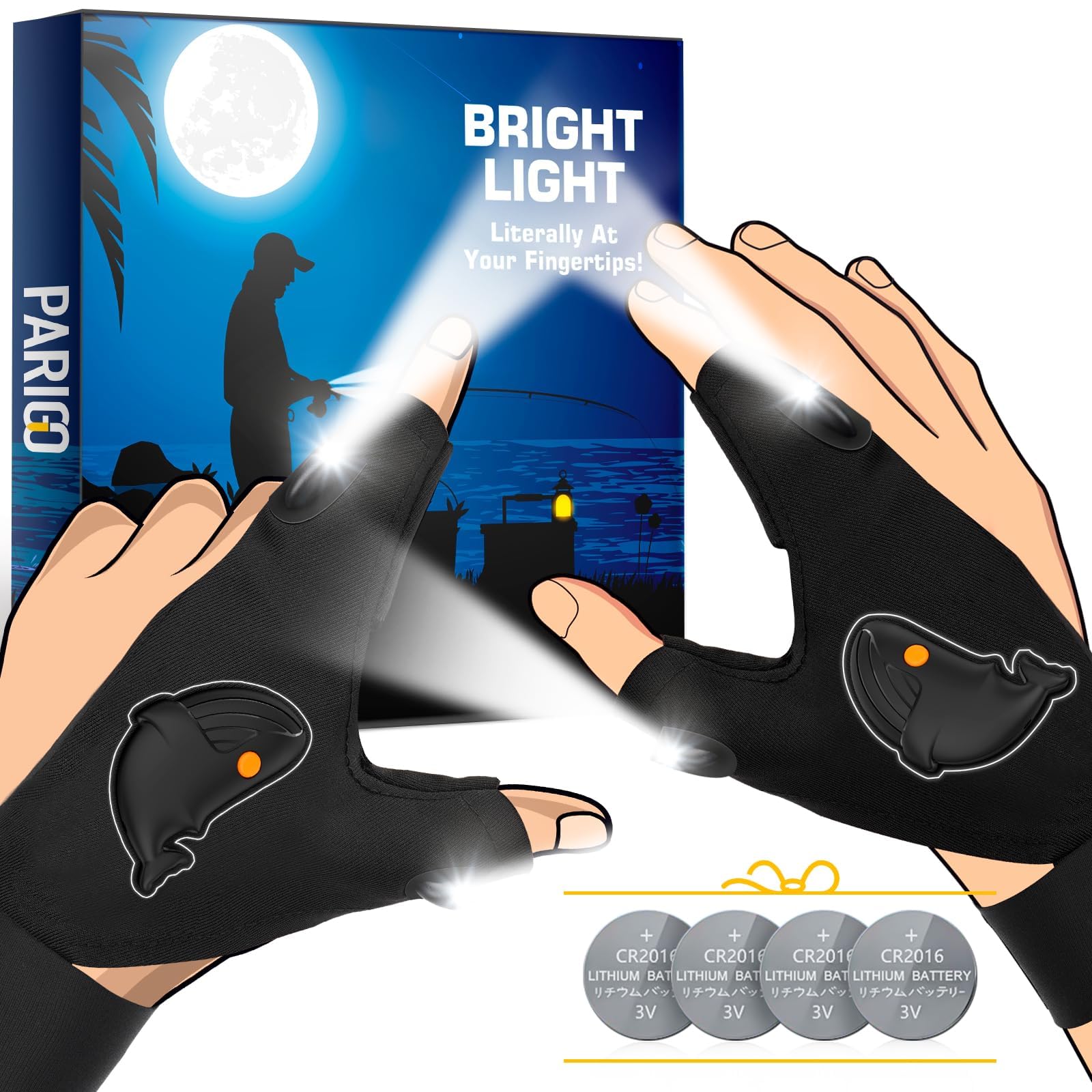 PARIGO LED Flashlight Gloves for Men, Spandex, Black and Orange, Model DCH-VN01, Ideal for Car Repair, Fishing, Camping