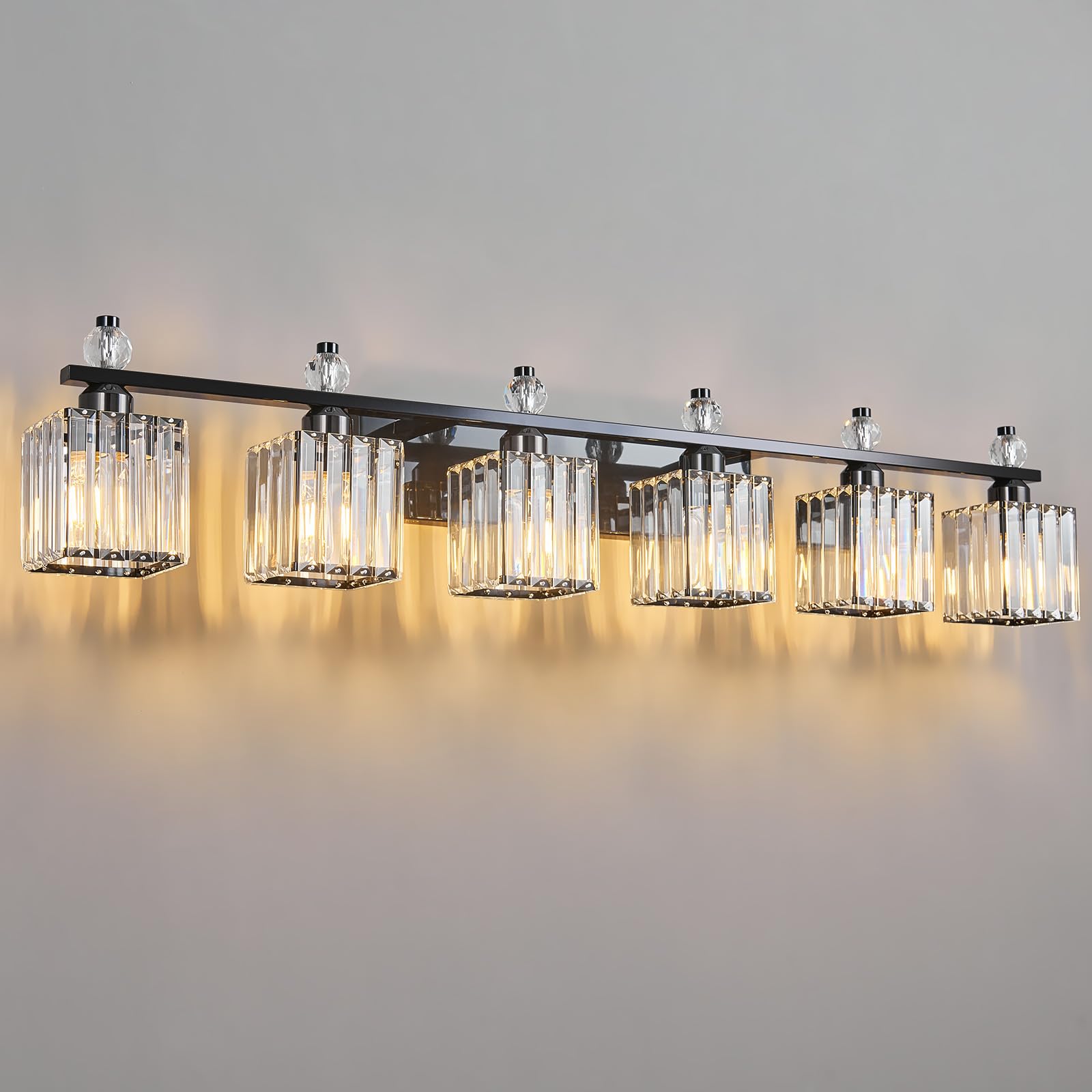 FDPBY 6-Light Crystal Vanity Light Fixtures, Plating Black, Metal, Model 290, Modern Bathroom Lighting Over Mirror