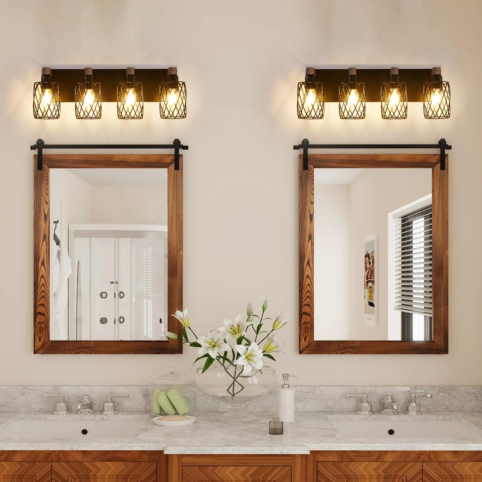 RVONOW 4-Light Bathroom Vanity Light, Black Metal Cage Shade, Rustic Wood Design, Model B219-057-04-BK