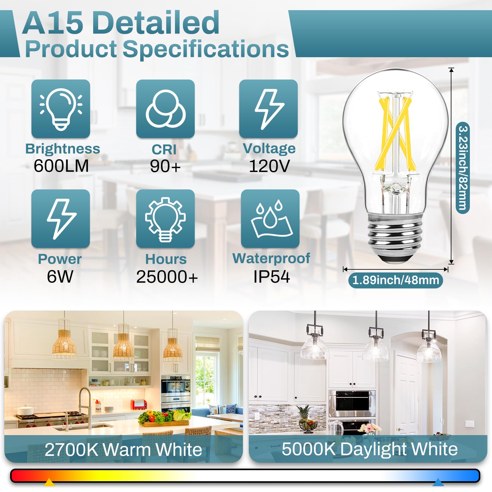 12-Pack Dimmable E26 Led Edison Bulbs 60 Watt Equivalent, 6W A15 5000K Daylight White 600Lm Vintage Led Light Bulbs For Ceiling