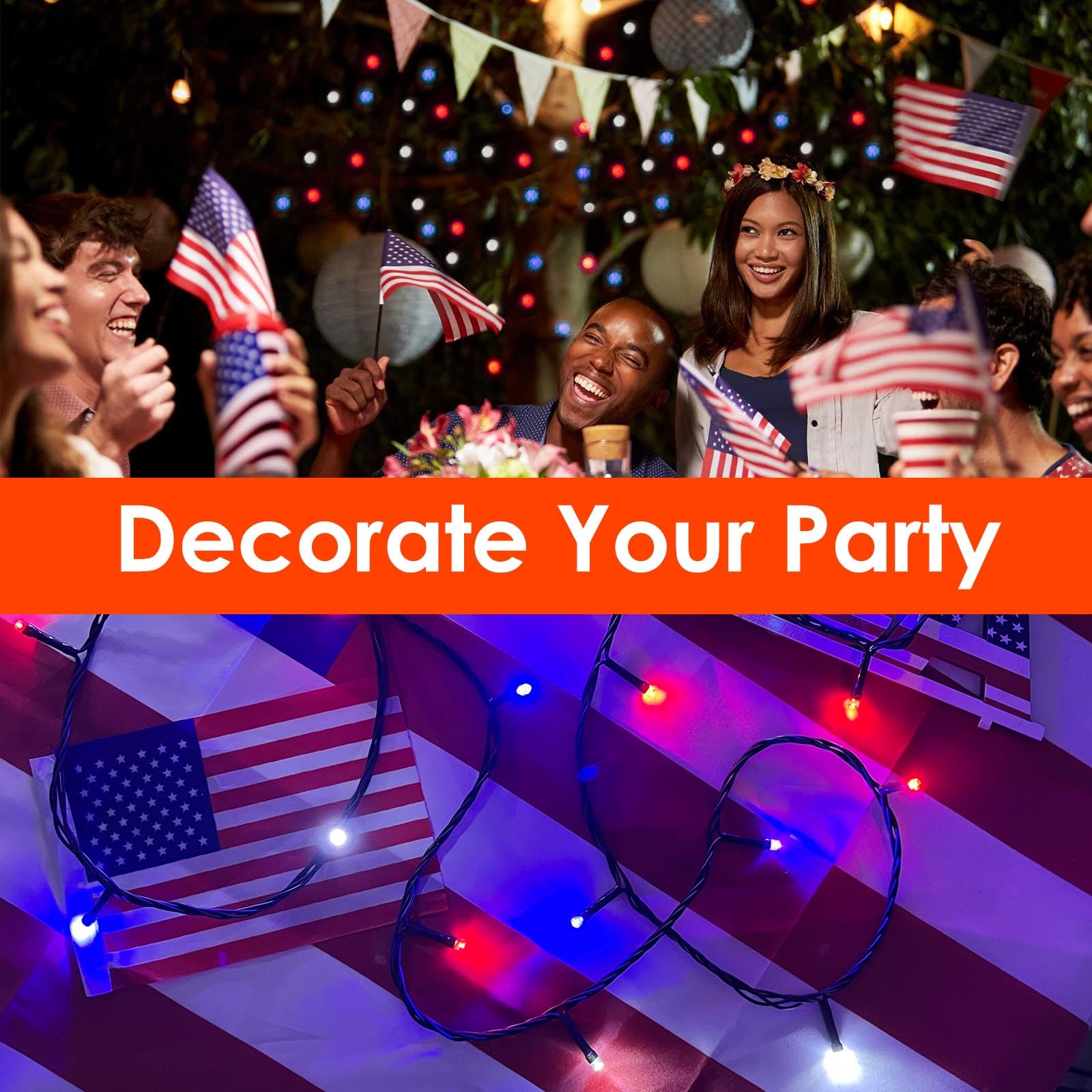 YIQU 200 LED String Lights - Red White Blue, 75.8 FT, Waterproof, Extendable, Indoor Outdoor, Model JT-EL/FC300V0200-C