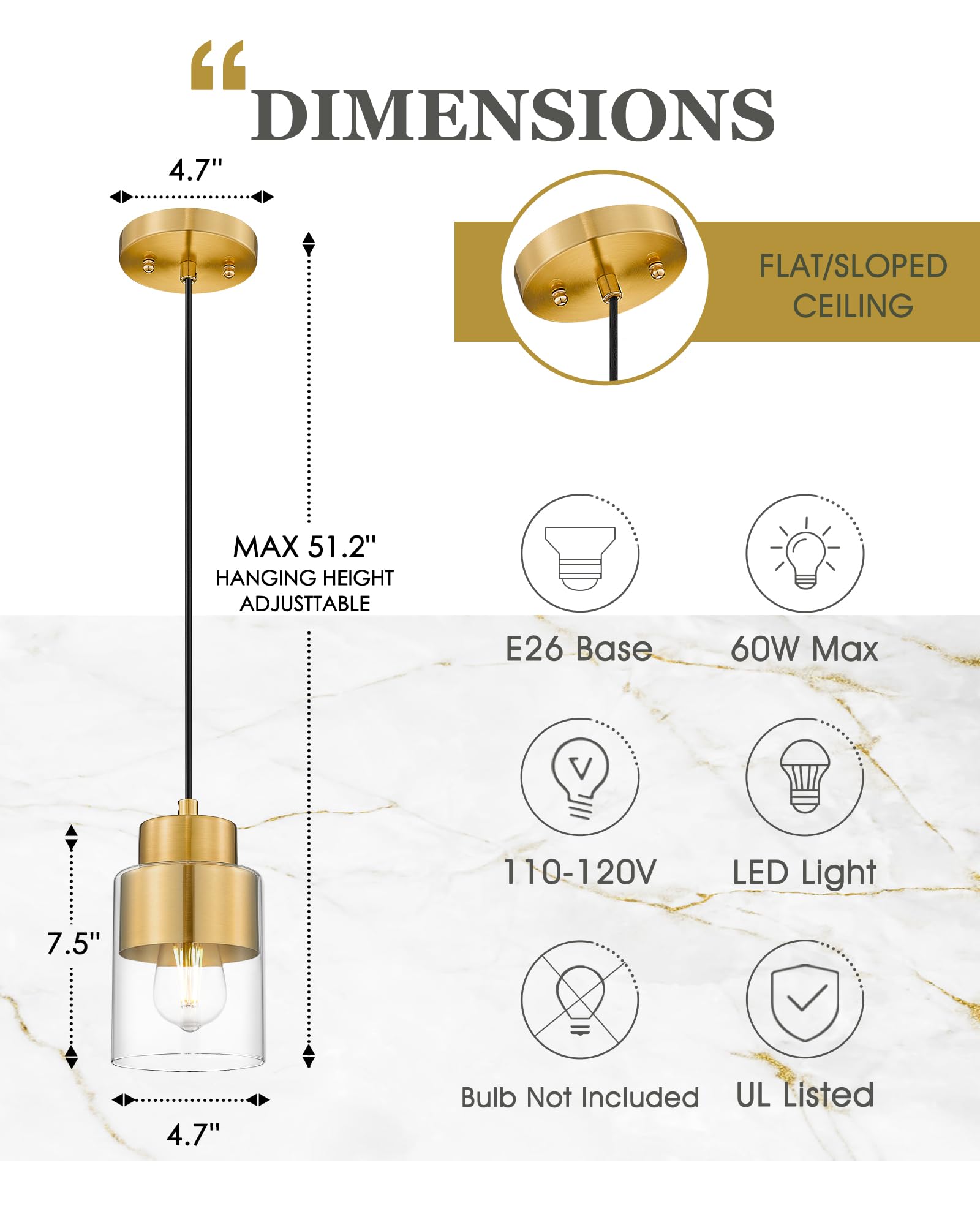 Audickic 2-Pack Brushed Gold Pendant Lights, Metal & Clear Glass Fixtures, Model AD-24022-1P2-GD for Kitchen Island & Dining Room