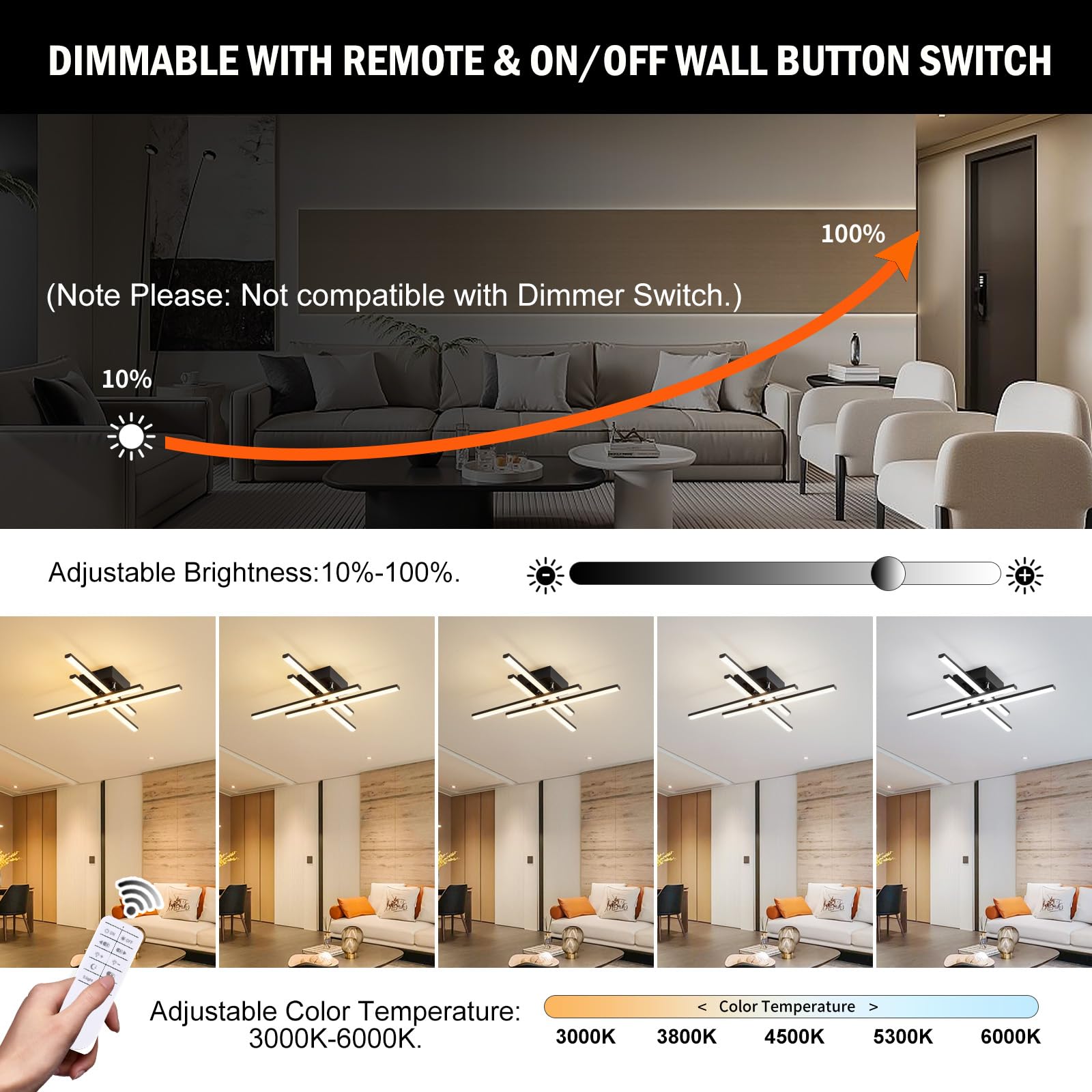 Oranoor Modern Led Ceiling Light With Remote, Dimmable Led Ceiling Lights For Bedroom Living Dining Room Kitchen, 24In Black Flu