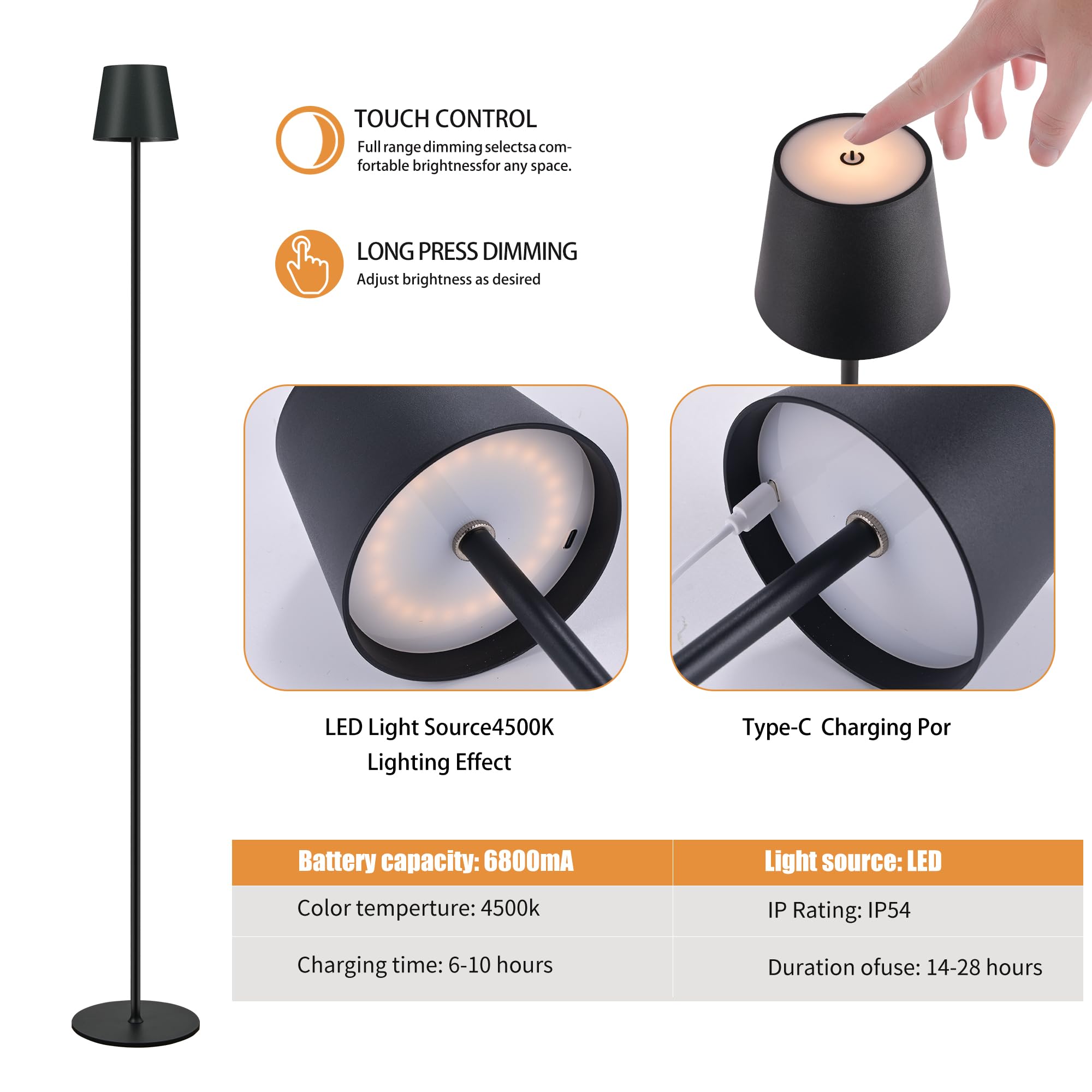 Imqsqik Cordless Floor Lamp For Outdoor/Indoor, Built-In 6800 Mah Battery Led Battery Operated Lamp Rechargeable, With Touch Control Floor Lamp,Adjustable Height Floor Lamp For Patio(Black)