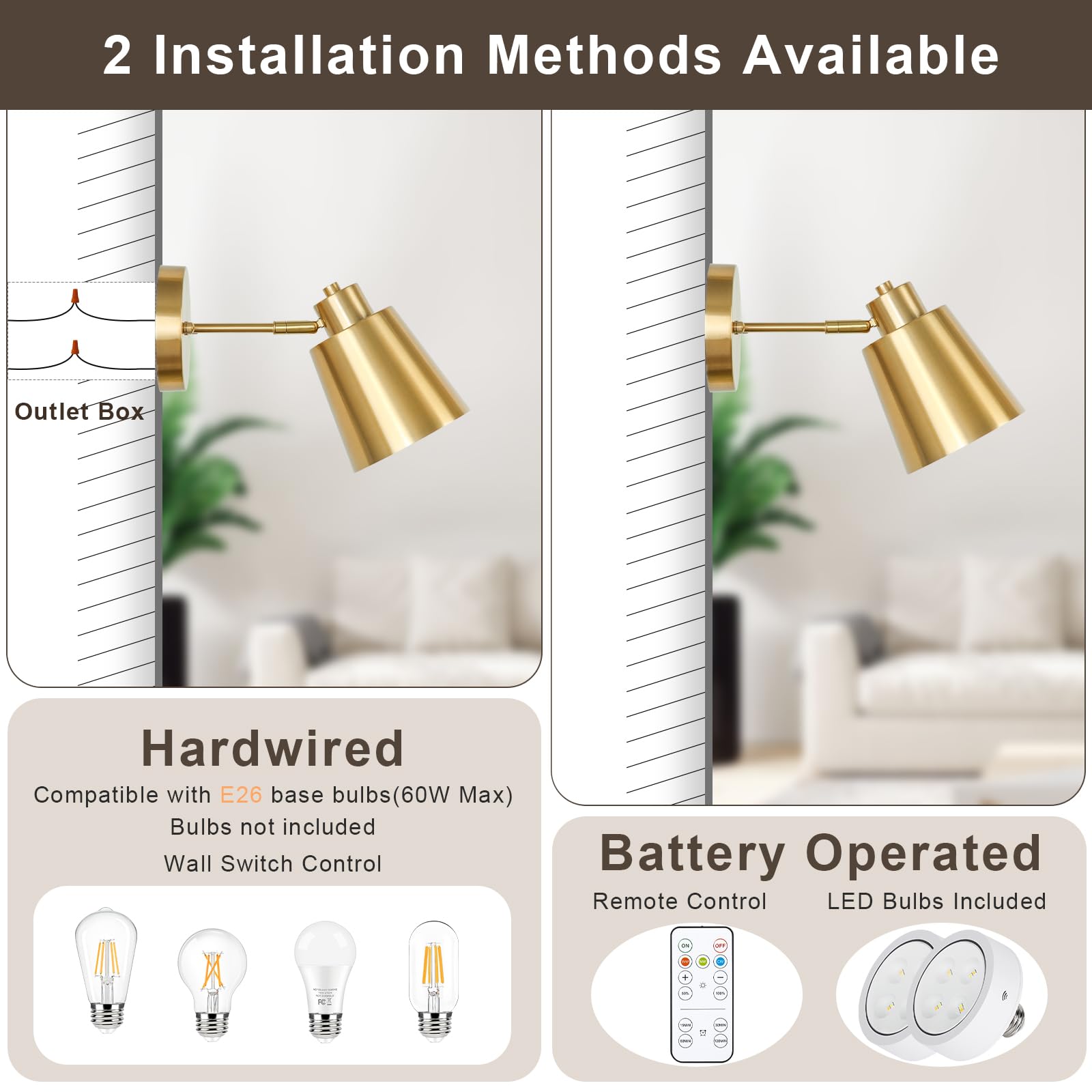 Battery Operated Wall Sconces Set Of 2, Dimmable Led Wall Lights With Remote Control, Indoor Sconce Wall Lighting 3000K/4000K/6000K Adjustable Gold Wall Mounted Lamps For Bedroom Living Room Hallway