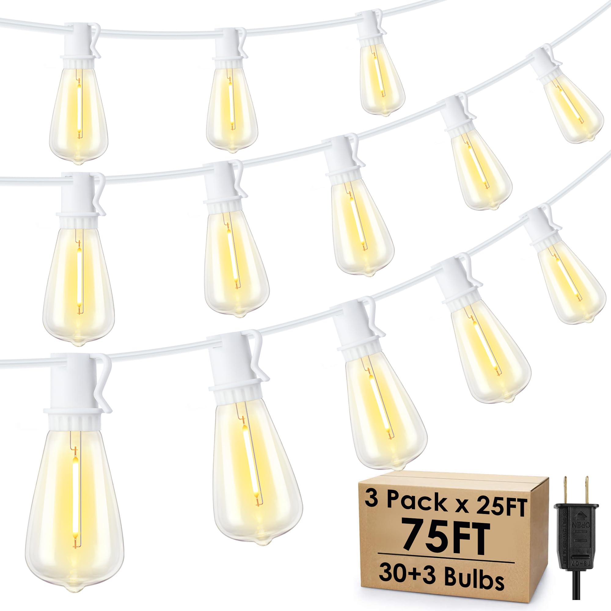 Larkvue Outdoor String Lights, 75FT, 30+3 Dimmable LED ST38 Bulbs, Waterproof, White, Model GLS-20J2P-E17-ST38-15