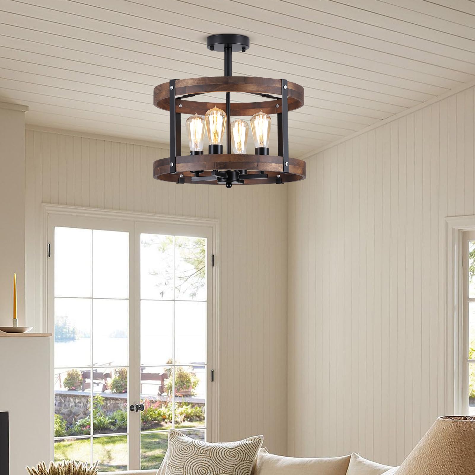 4-Light Large Rustic Farmhouse Flush Mount Ceiling Light Fixture 16.5 Inch Oak Wood Round Drum Semi Flush Mount Ceiling Light Fo