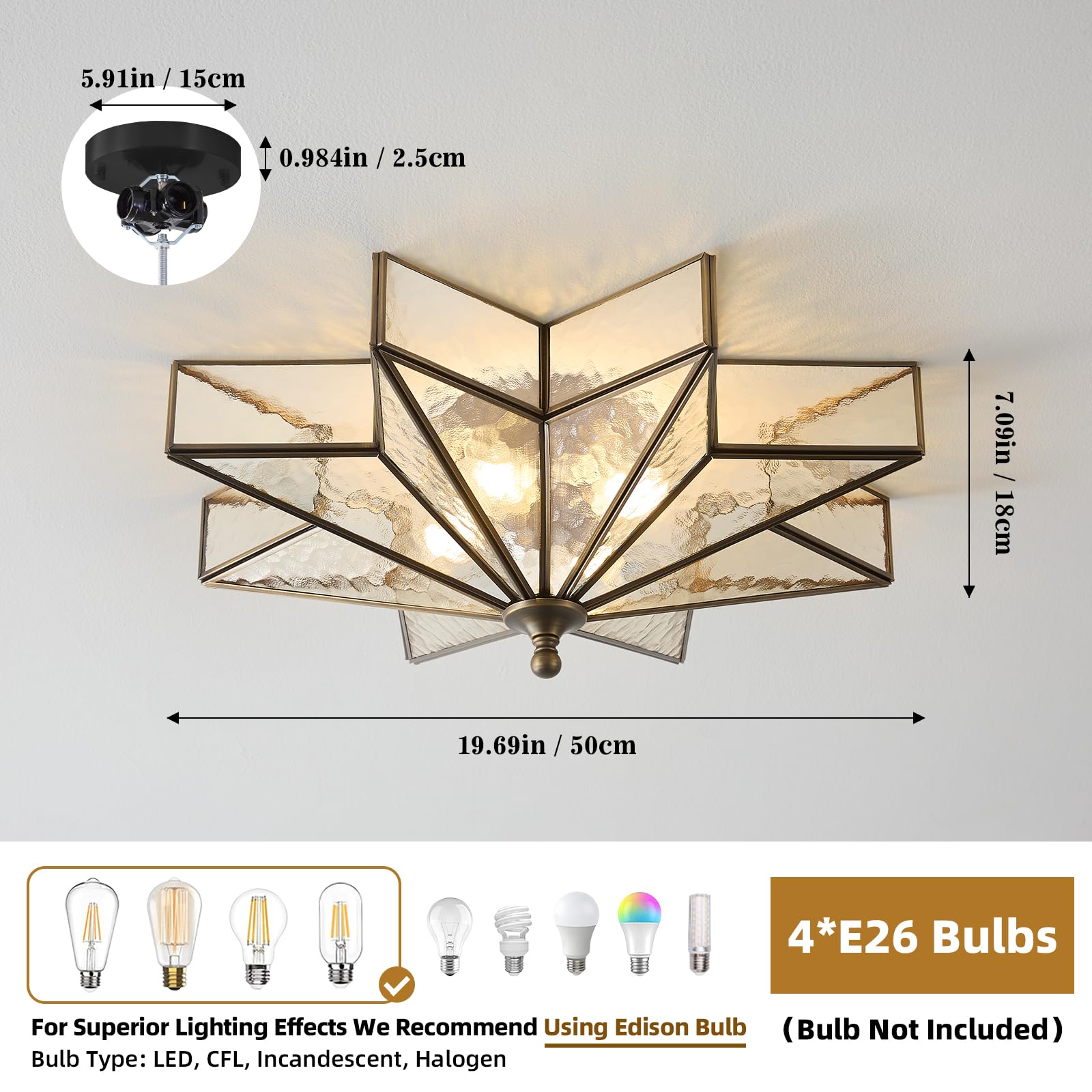 Black Bronze Star Ceiling Light - 19.5 Inch Brass Hammered Glass Large Flush Mount Fixture - Unique Art Deco Mid Century Vintage Moravian Lighting Lights For Bedroom Dining Foyer Living Room Fixtures