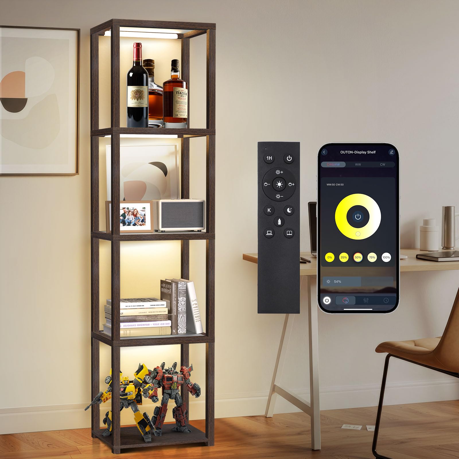 OUTON 67in Glass Display Shelf with Dimmable LED Lamp, 5 Tier Bookshelf, Walnut, Model ZSJ01