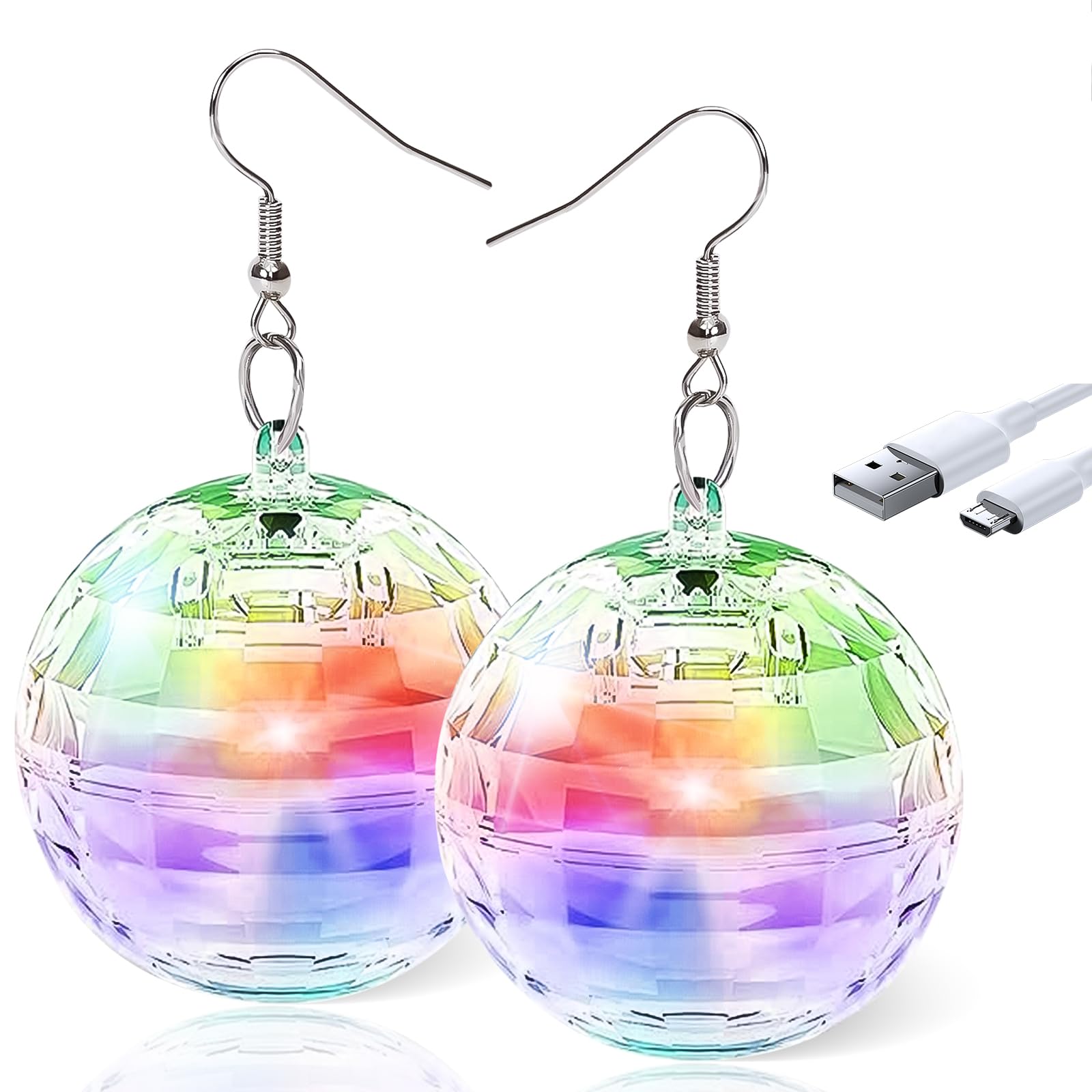 RAHAN LED Earrings Disco Ball - Rechargeable Light-Up Earrings for Women, Multi-Color, Model: disco-rgb