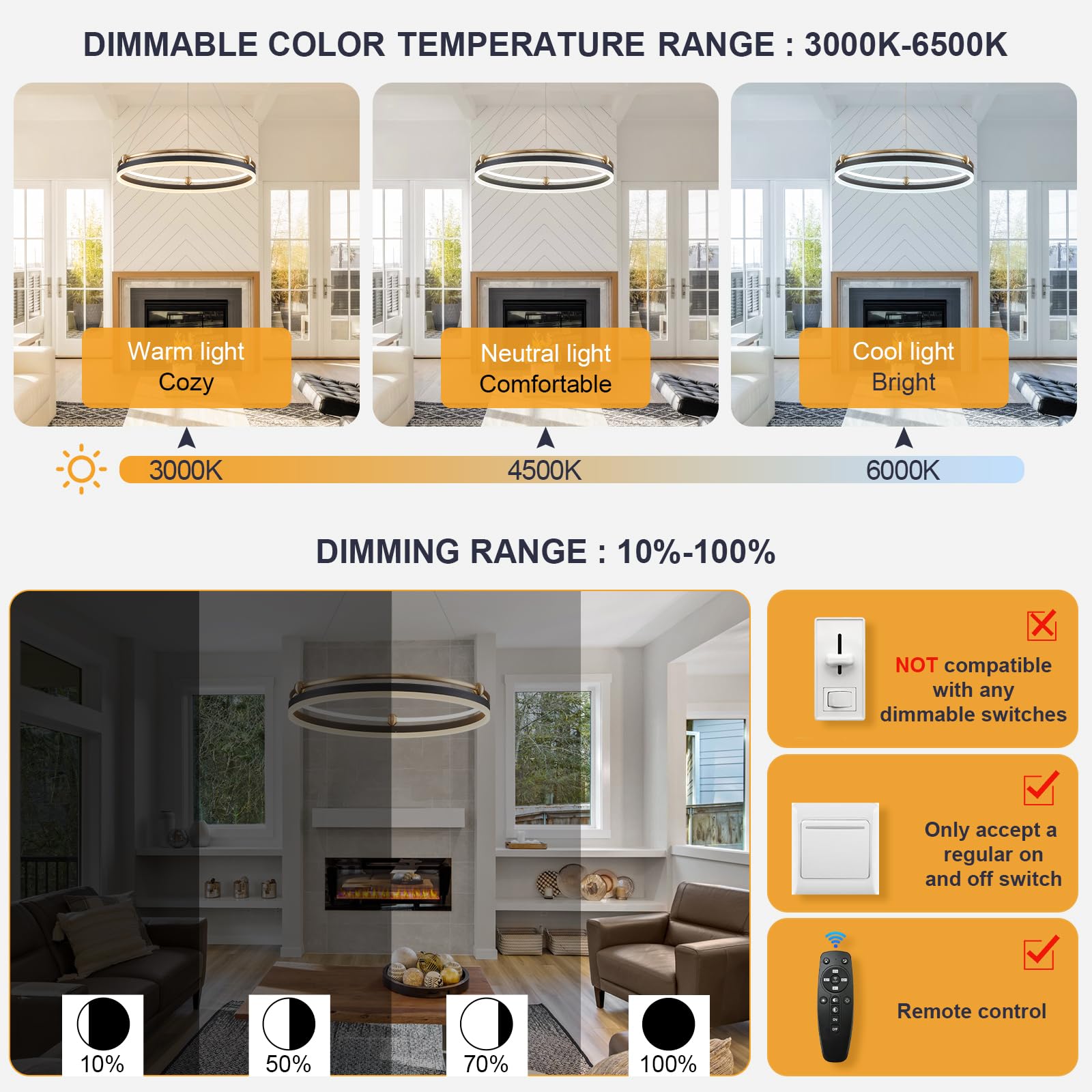 Benkut Modern Led Pendant Light 23.6" Black Gold Dimmable Circular Led Chandelier 1 Ring With Remote, Round Hanging Light For Kitchen Island Dining Room Living Room Foyer Entryway, 2-Ring Lighting