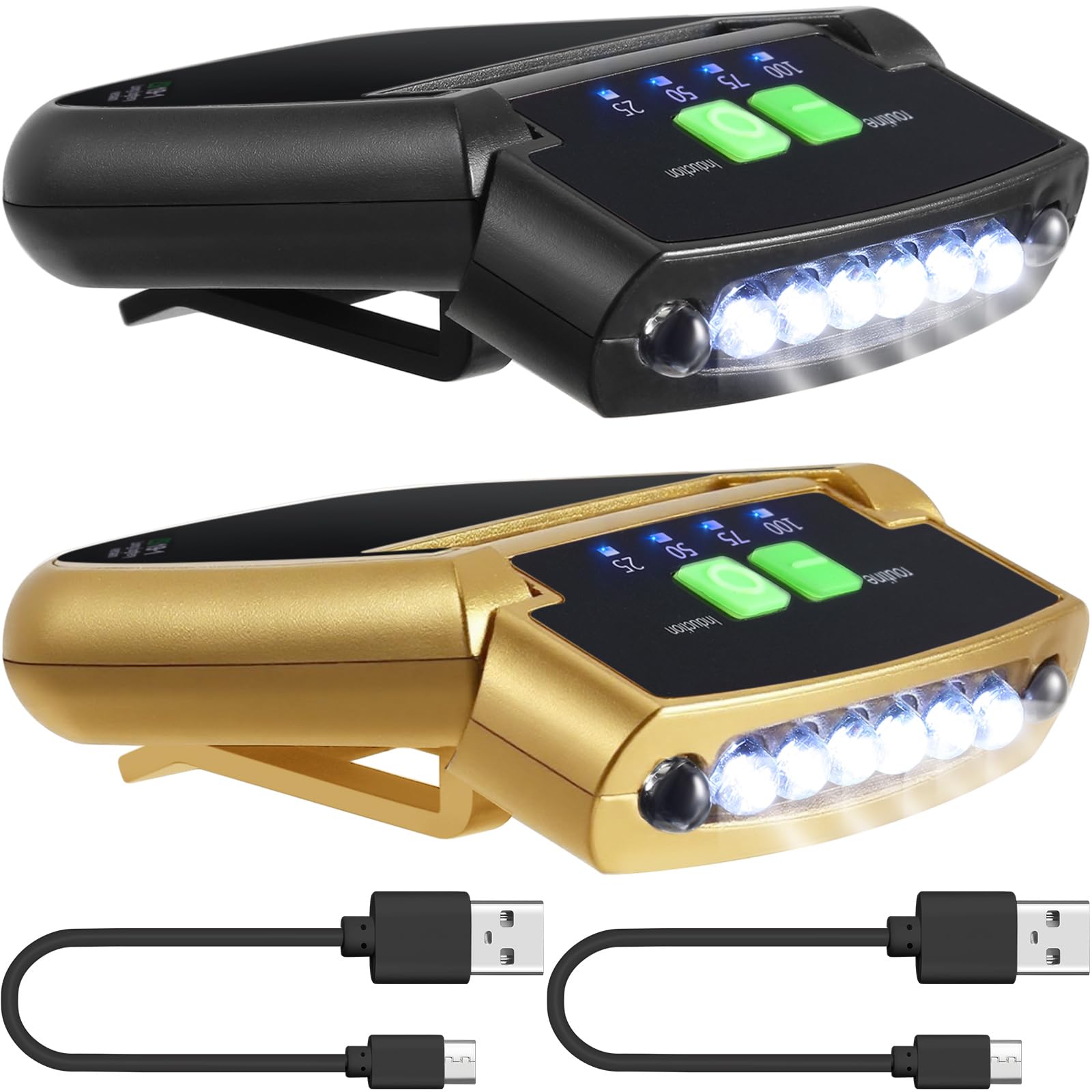 Mudder LED Clip-on Cap Lights, USB Rechargeable, Waterproof, Ultra Bright, Model 902030/803035/803040/4025100/4025130, Black/Gold