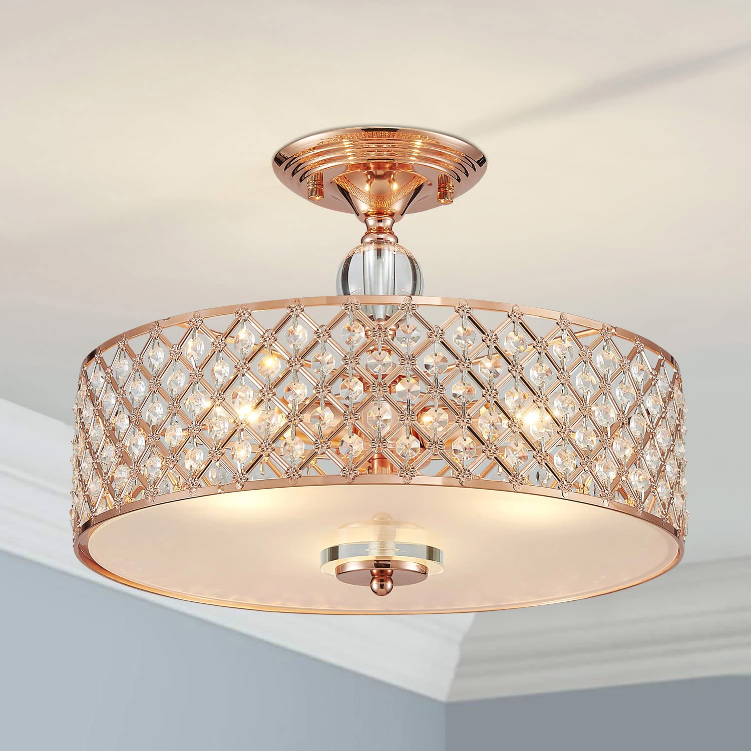 Saint Mossi Semi Flush Mount Ceiling Chandelier, 3-Light Modern K9 Crystal Ceiling Light Fixture For Dining Room,Livingroom,Bedr