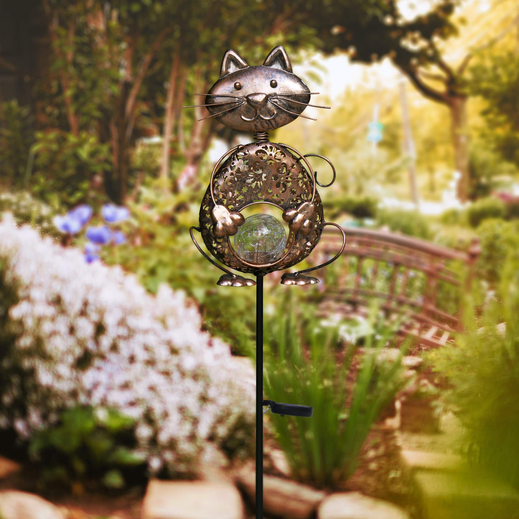 KAIXOXIN Solar Garden Lights, Waterproof Warm White LED, Metal Cat Design, Cat-Bronze
