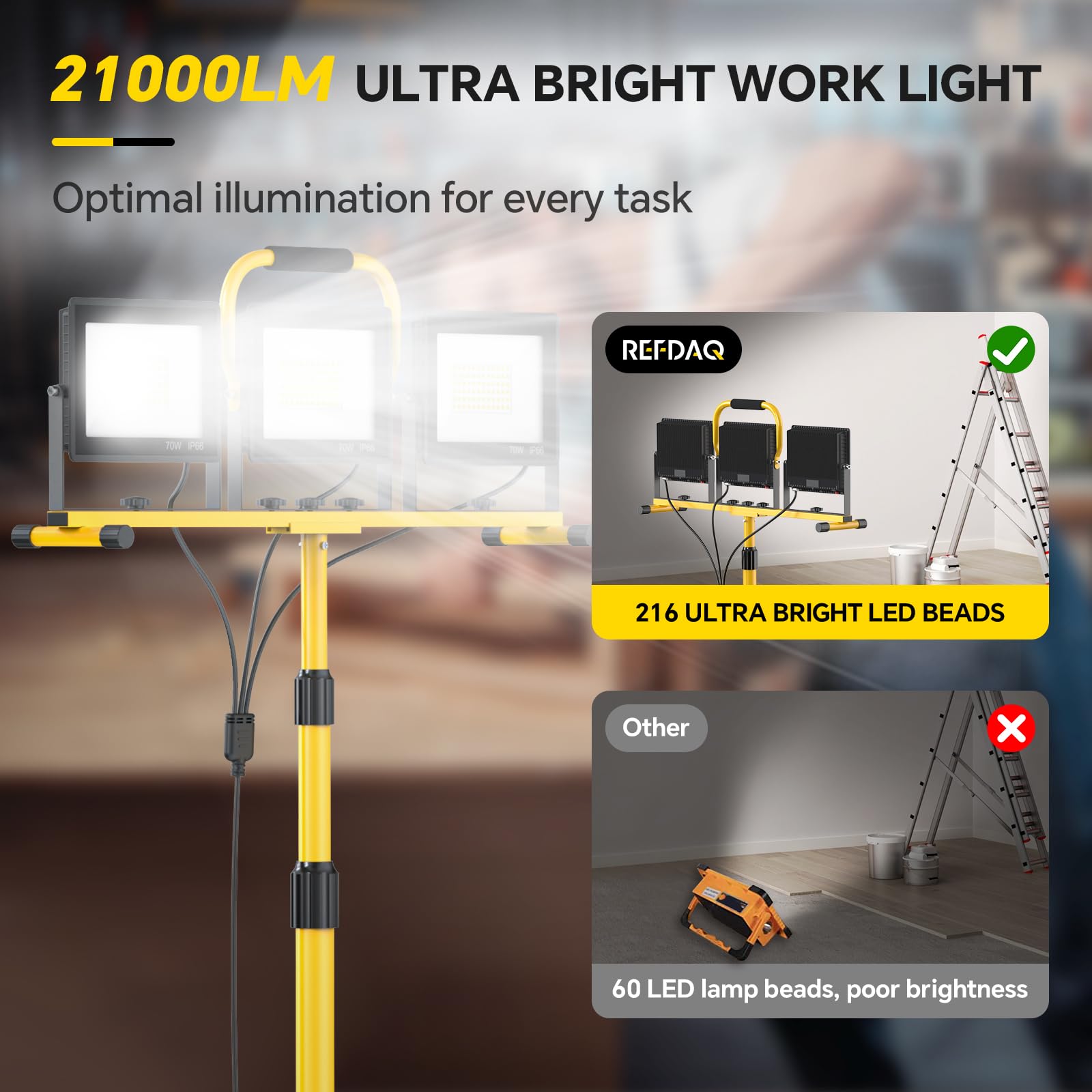 21000Lm Led Work Lights With Stand: 3 Head Portable Work Light With 16.5Ft Cord - Ip66 Waterproof Height-Adjustable Tripod Workl