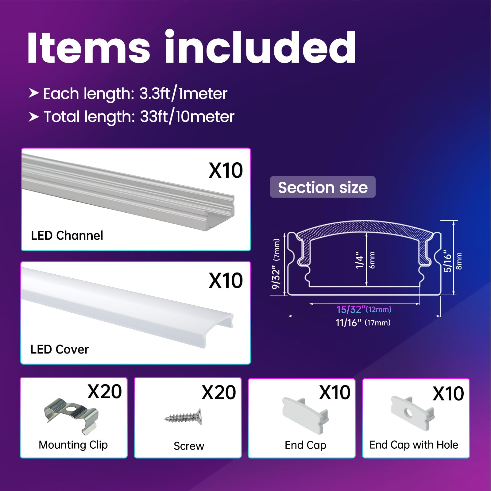 Muzata Led Channel System 10Pack, 3.3Ft/1M, Silver Aluminum With Milky White Cover, Model U1Sw