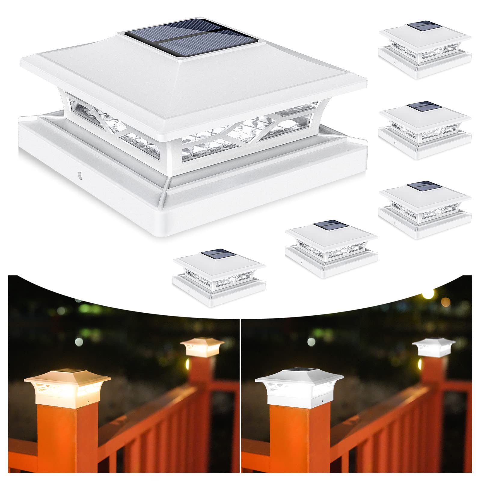 VOLISUN Solar Post Cap Lights, 6 Pack, Waterproof, 2 Color Modes, for 4x4/6x6 Posts, White/Black, Model 21150ZM
