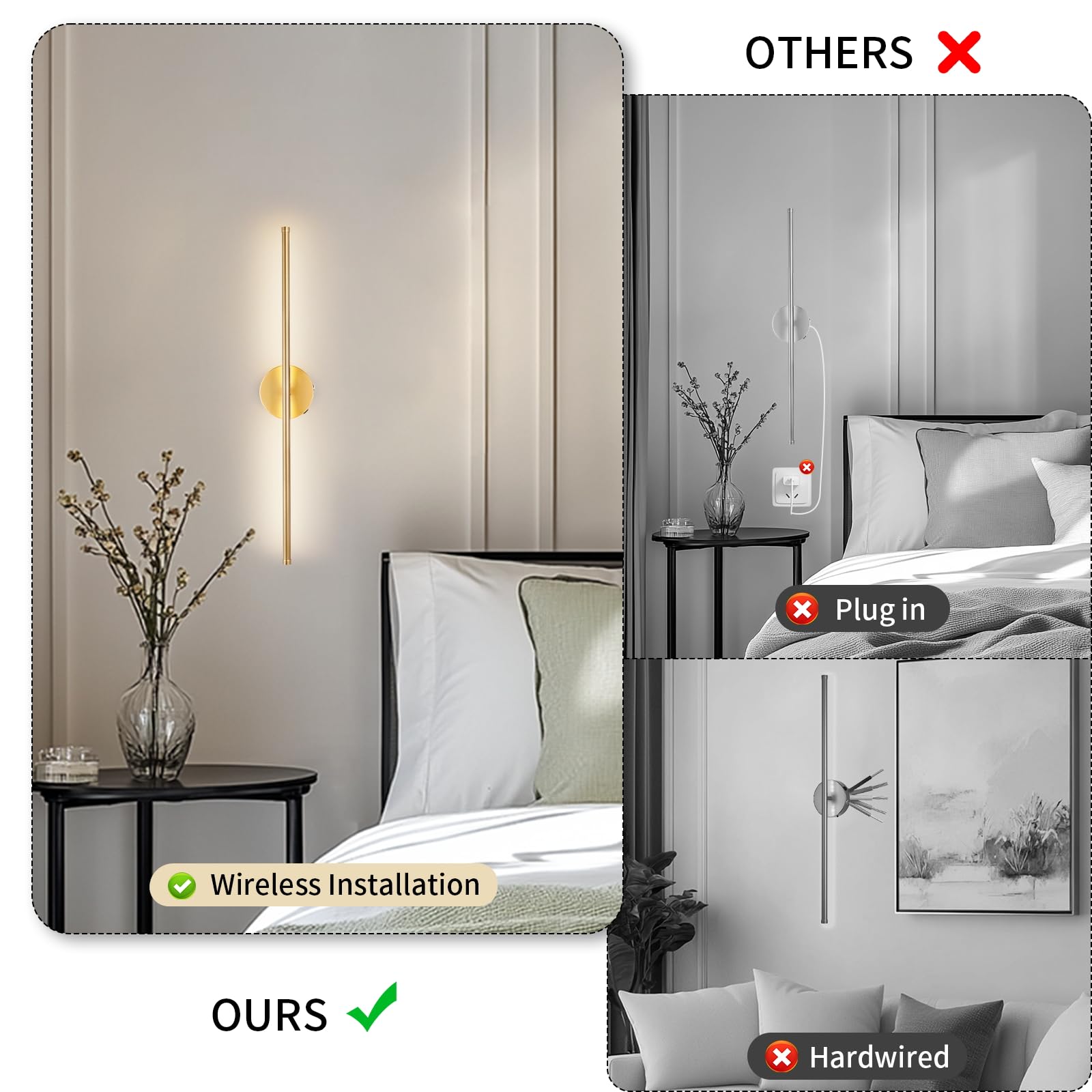 Battery Operated Wall Sconces Set of Two, USB Rechargeable Dimmable LED Wireless Wall Sconces with Remote Control, 360Rotate,Tim