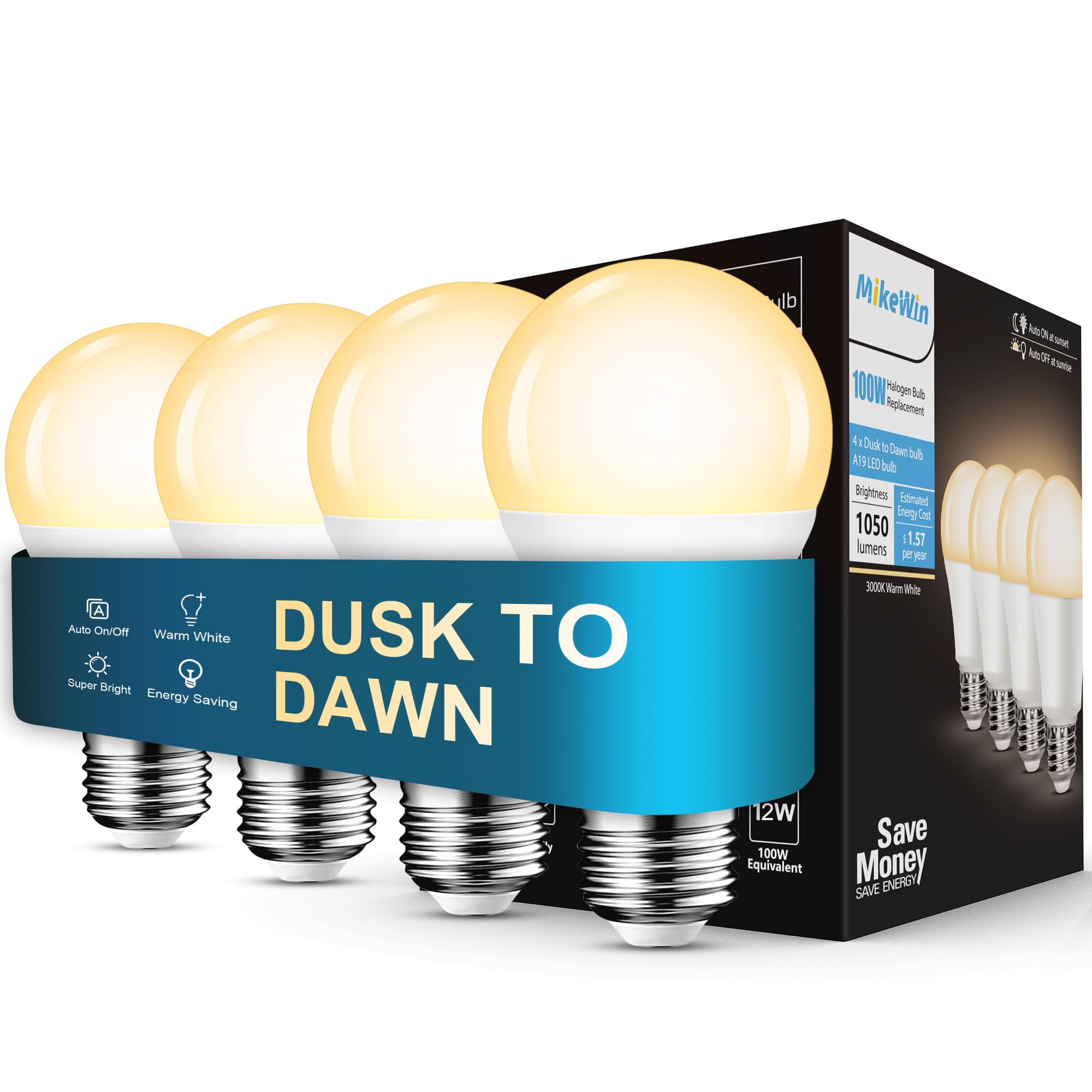 Mikewin Dusk To Dawn Light Bulbs Outdoor, 3000K Warm White, 12W(100W Equivalent) Auto On/Off Light Sensor Led Lighting Bulb For 