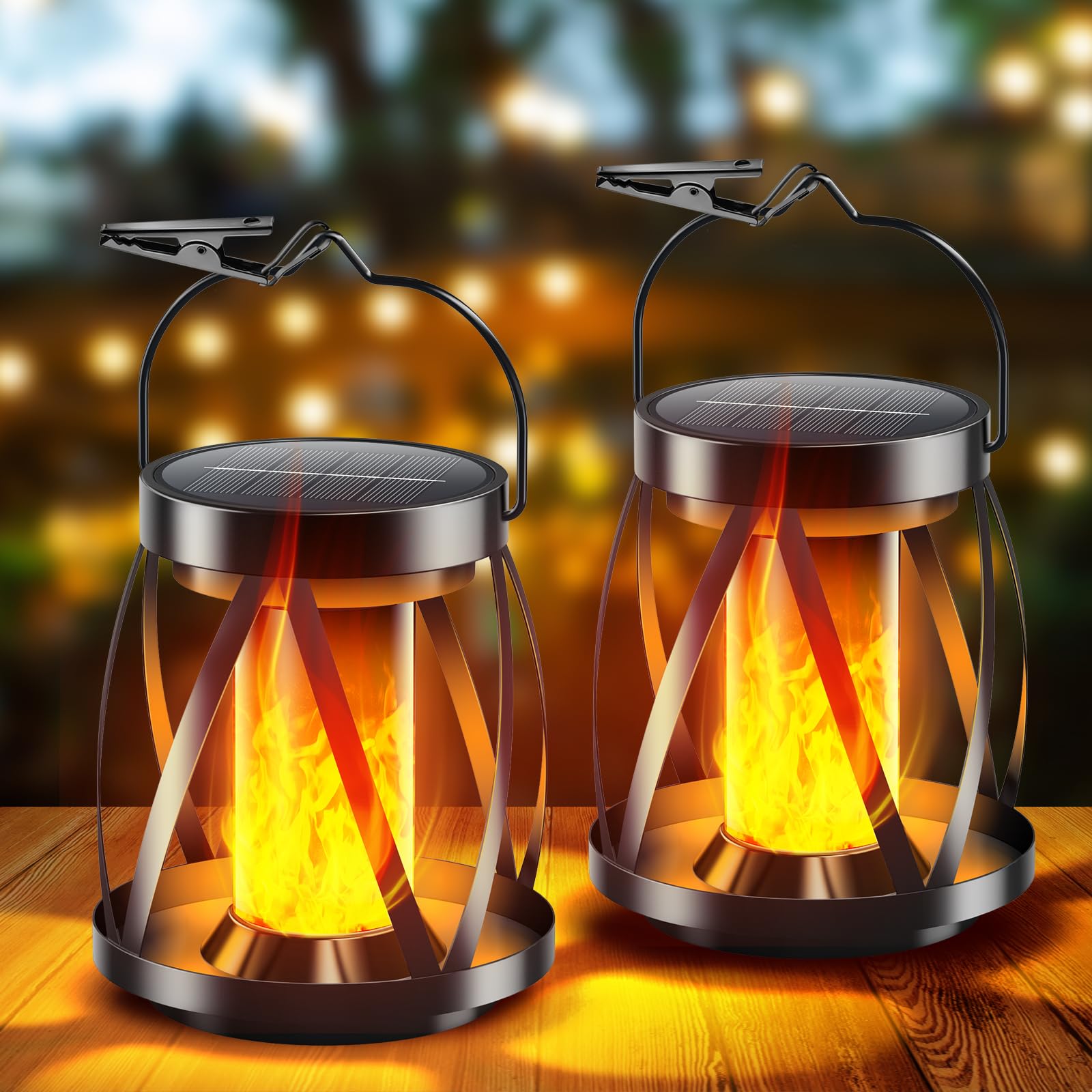 Garpar Solar Flickering Flame Lanterns Outdoor Waterproof - Upgraded Brighter Metal Hanging Solar Lights Outdoor, 2 Lighting Mod