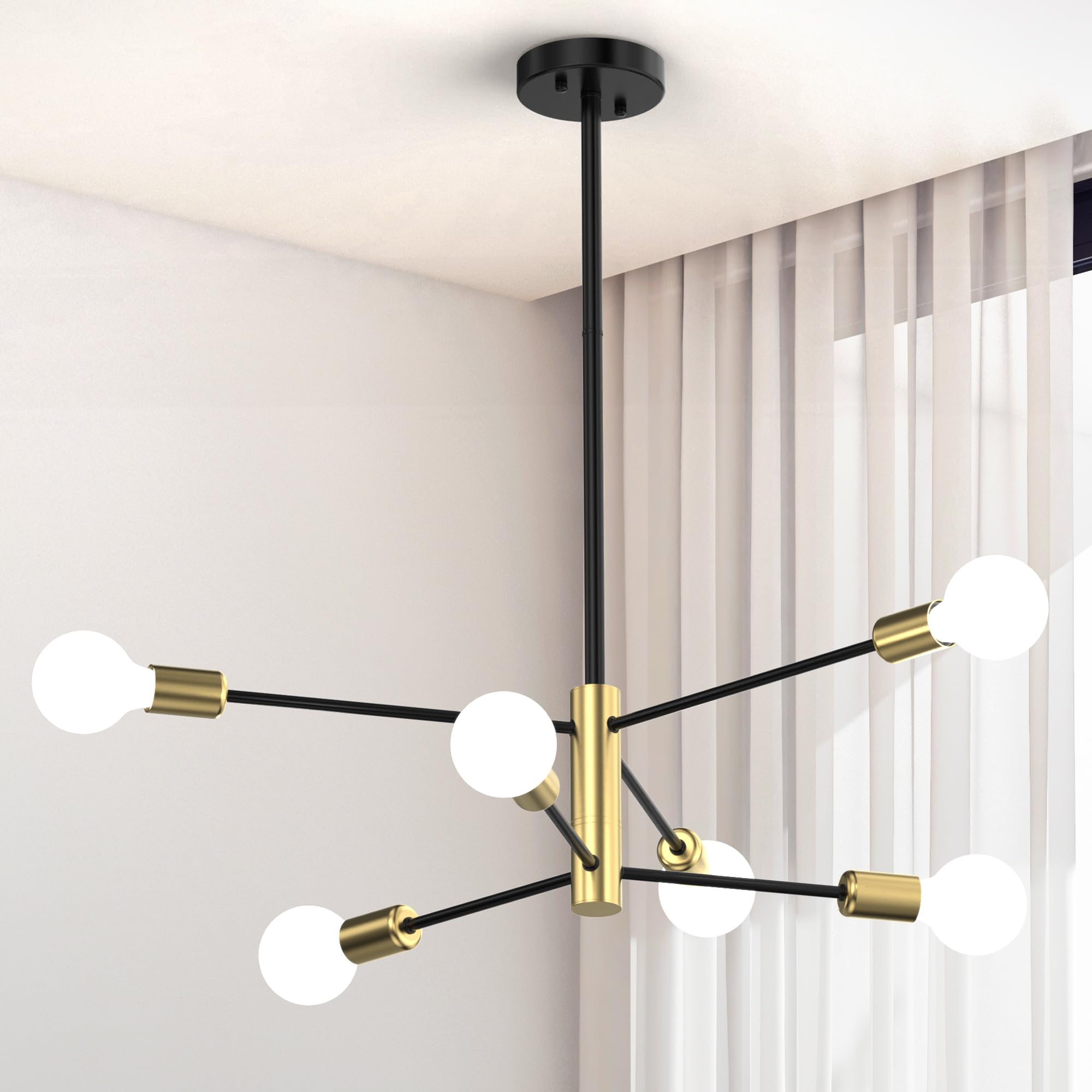 Phaosio Modern Sputnik Chandeliers For Dining Room, Height Adjustable Semi Flush Black And Gold Chandelier Ceiling Mount Light F