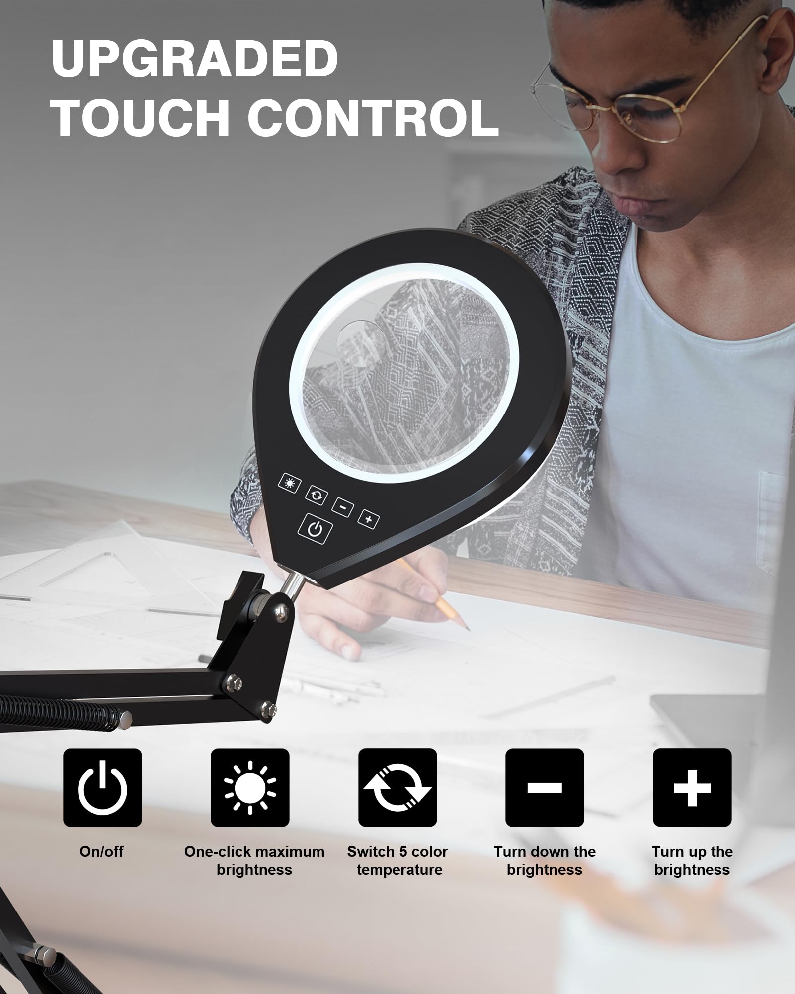 NAKOOS Magnifying Glass with Light, 10X & 5X Real Glass, Anti-Glare Lens, Dimmable LED, White, WM-Series, Hands-Free Desk Lamp