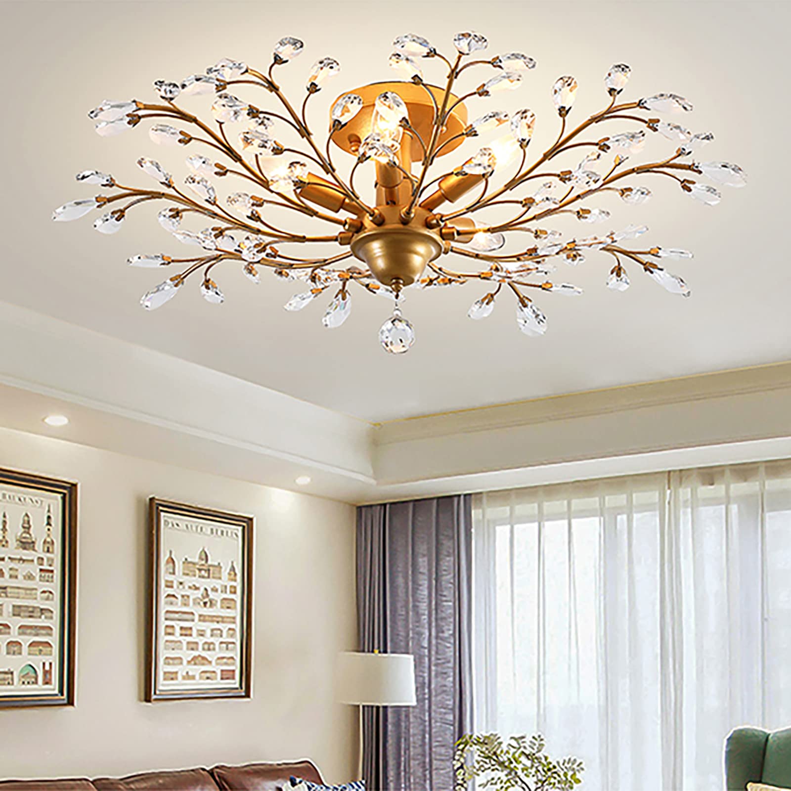 Ganeed Crystal Chandeliers Vintage K9 Clear LED Ceiling Lighting Edison Pendant Light Flush Mounted Fixture with 5 Light for Living Room Dinning Room Restaurant Porch Hallway (Gold)