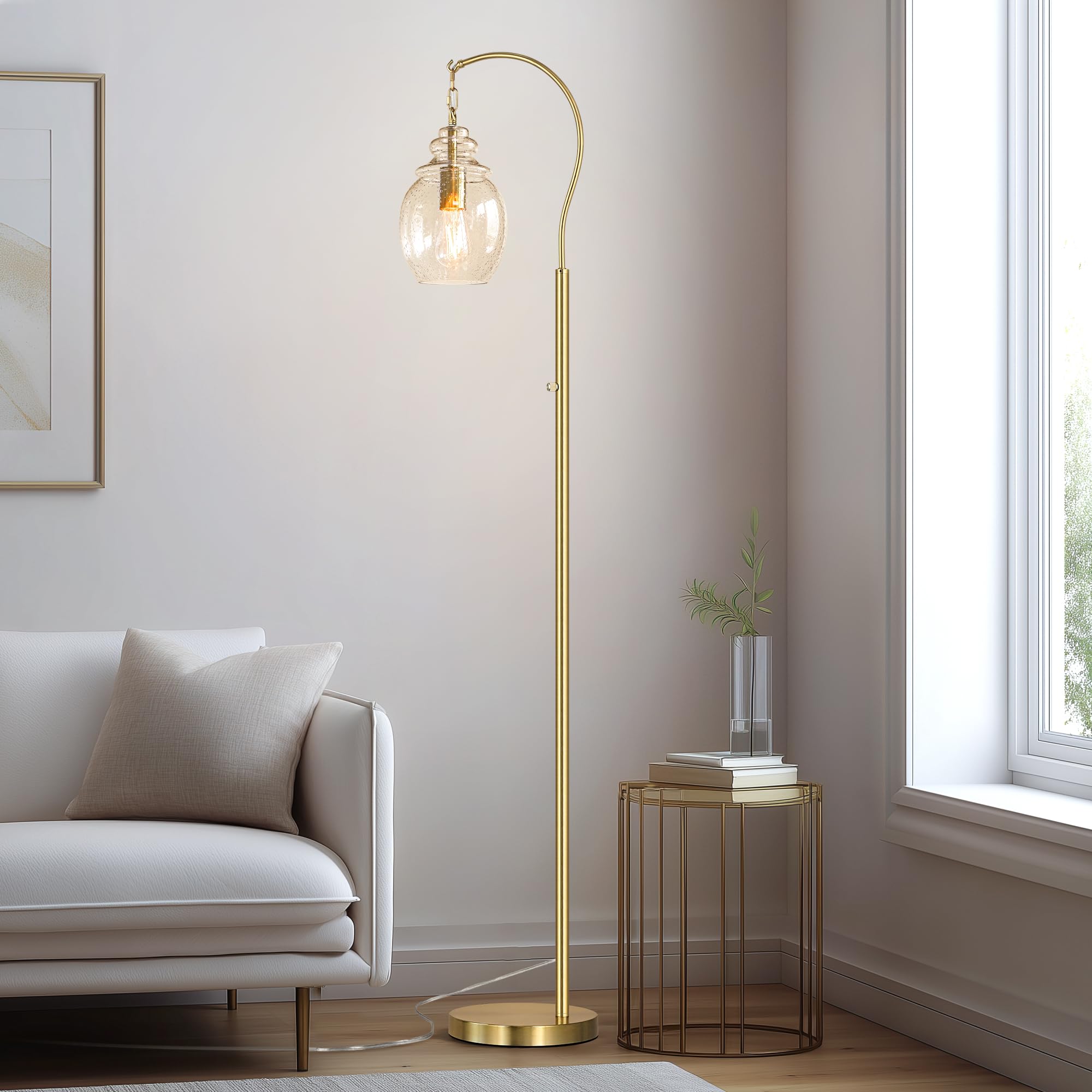 QiMH Gold Arc Floor Lamp, 70" Tall Dimmable Standing Lamp with Seeded Glass Shade, Modern Metal Design for Living Room and Bedroom