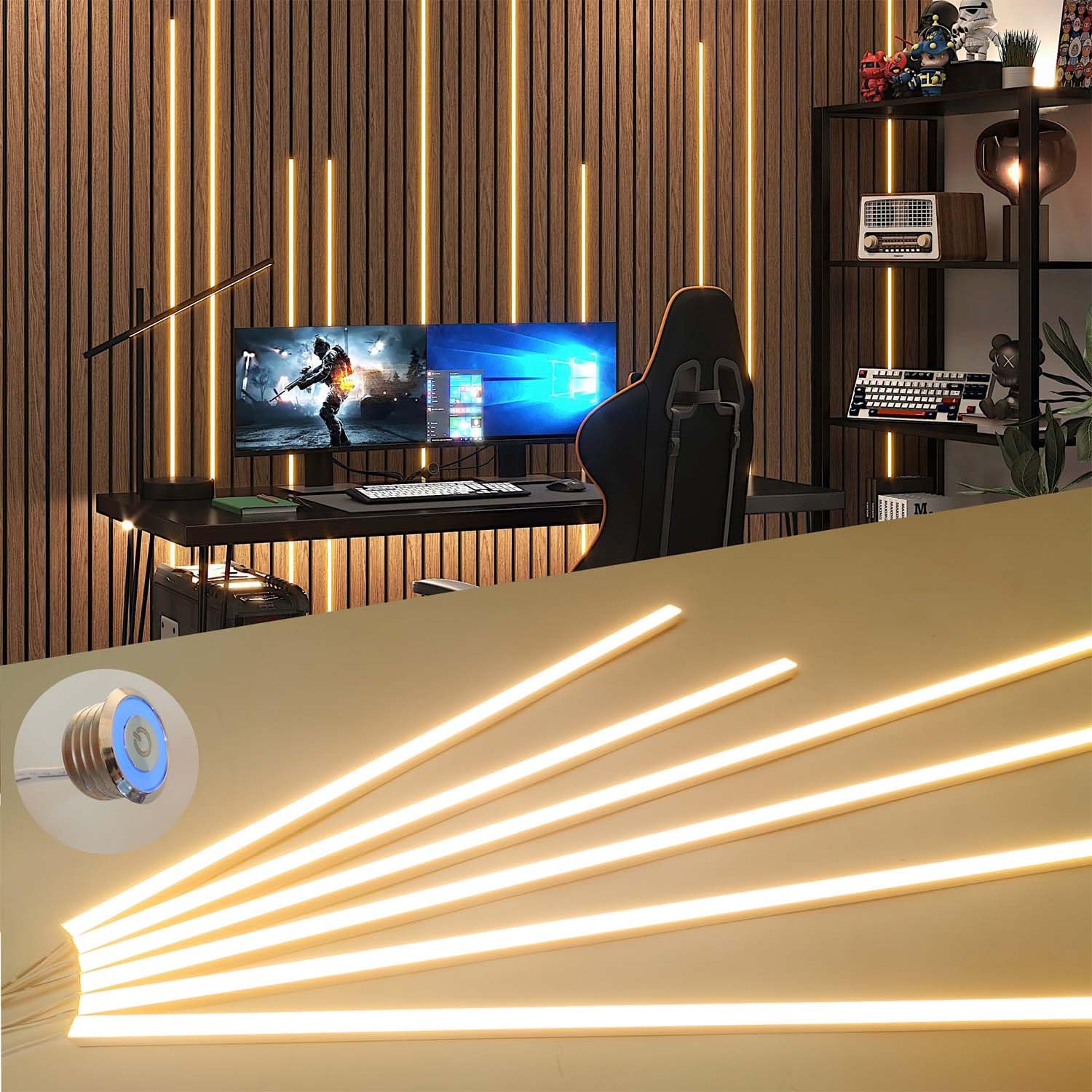 ATA LED Recessed Lighting Kit for Wall Panels - 6pcs Self-Adhesive Wall LED Lights for Interior Wall Decor  3000k Touching Switch Light for Wood Slat Wall Panels (Touch Sensor Switch)