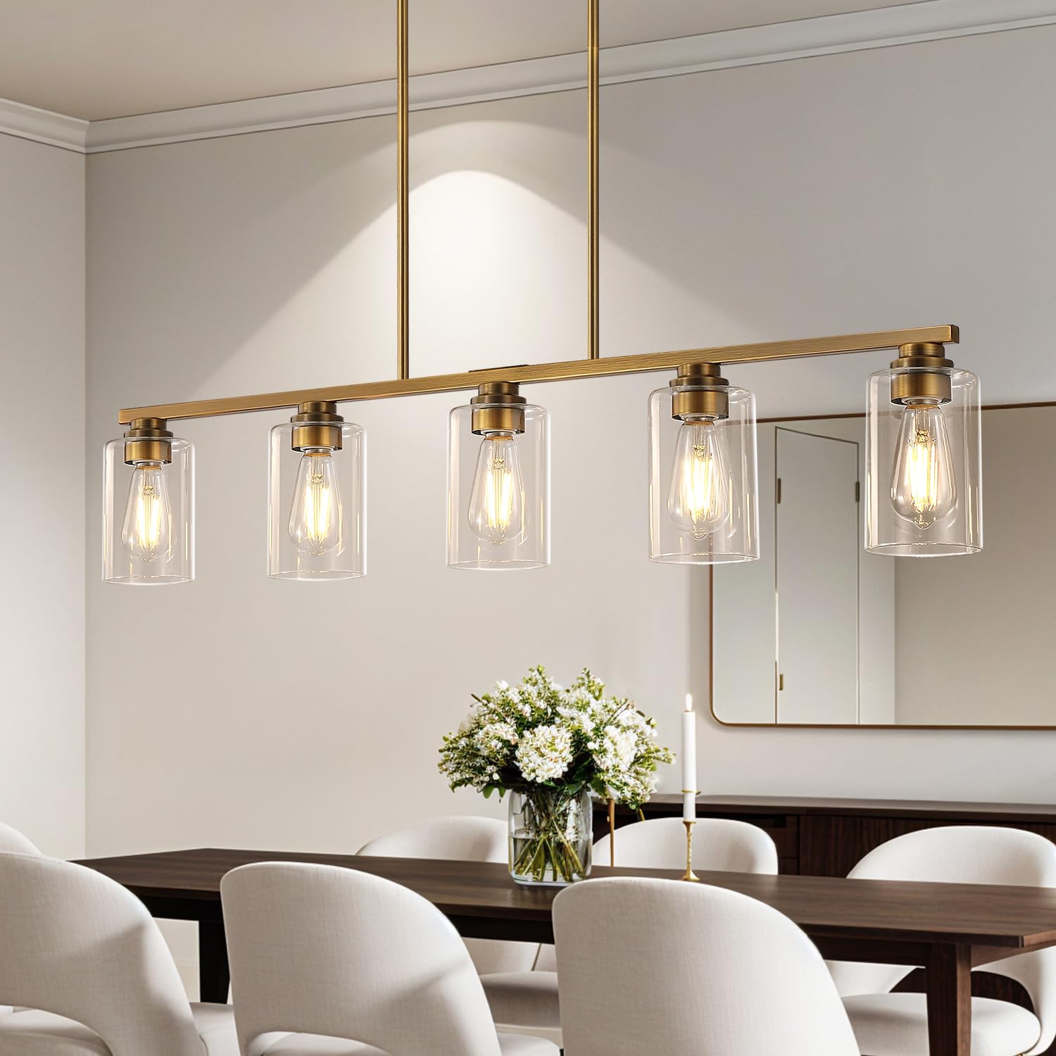 Mecgirn Island Light for Kitchen  Brushed Brass Dining Room Light Fixture Over Table  4-Light Linear Chandelier Pendant Lighting for Dining Table Kitchen Island Living Room
