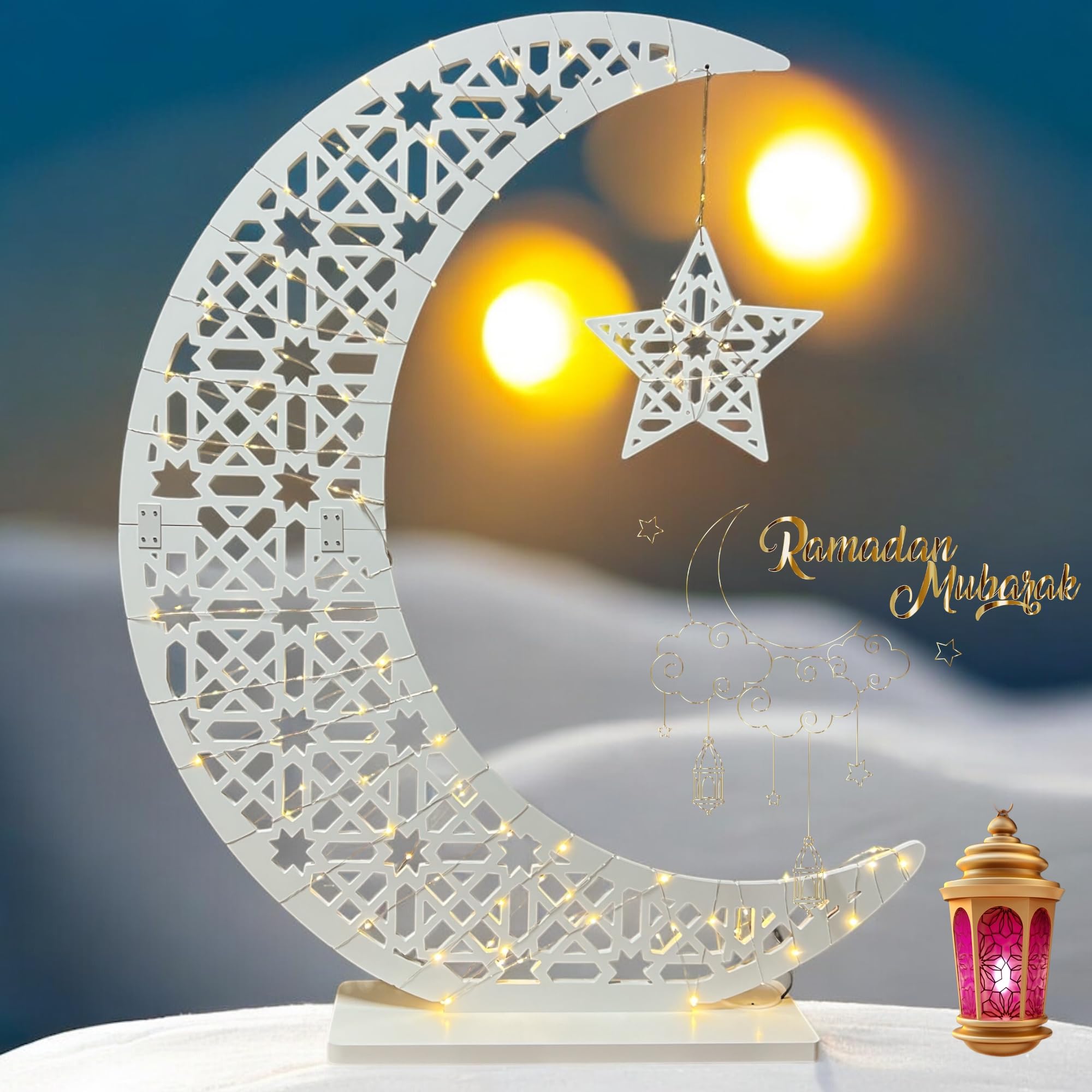 Islamic Hilal Crescent Moon Star Light Stand  Home Decor Welcome Night Lights  Wood Crescent Tree D?cor  Blossful Table D?cor  Big Wooden Moon Star with LED Fairy Lights (White  Large 4ft)