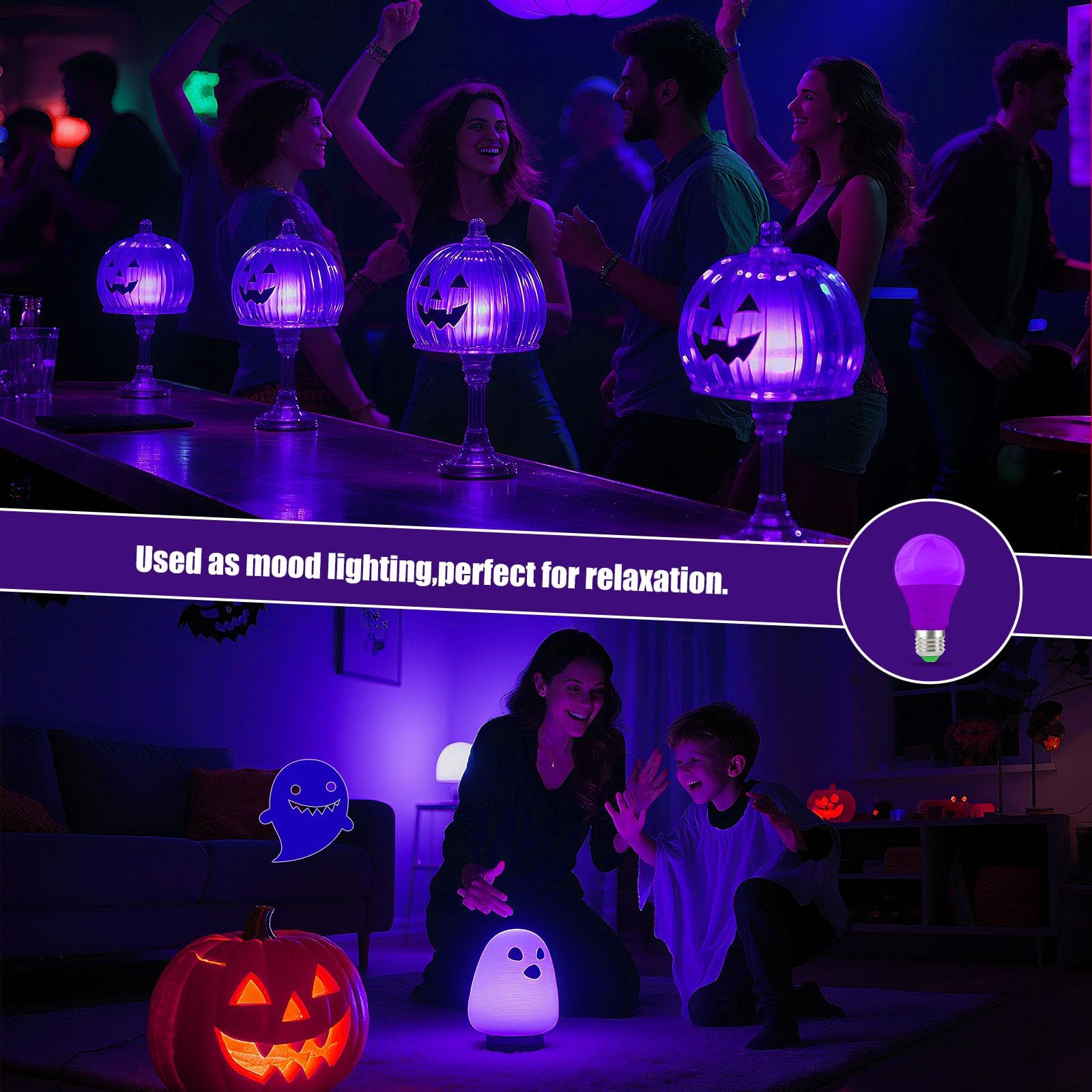 Wivety Purple Light Bulbs  A19 E26 Base  9W Led Purple Light Bulbs For Outdoor Porch  Indoor Party Decoration  Holiday Lighting  Halloween Decorations  Christmas Decoration(6 Packs)