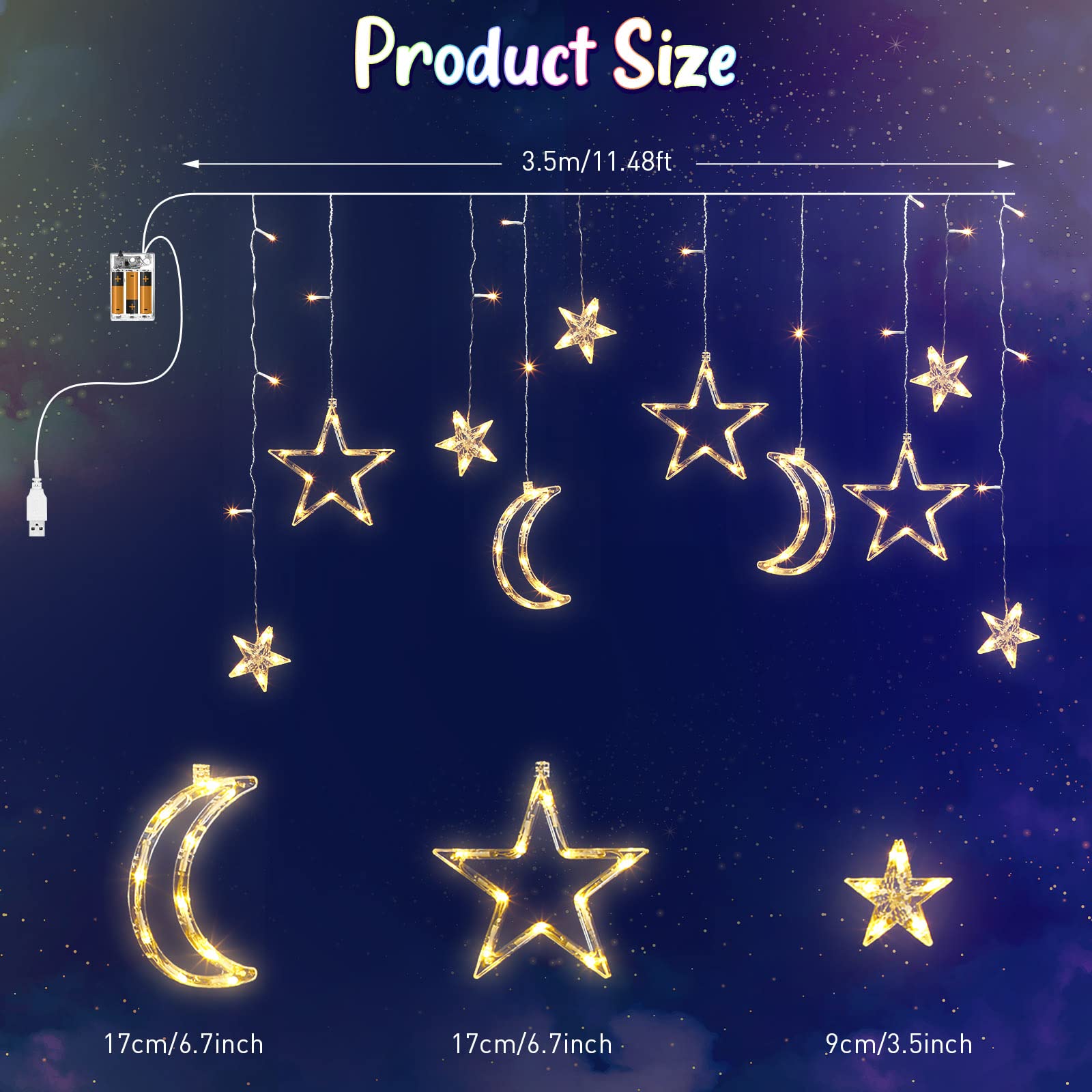 Riakrum 11.48 ft LED Star and Moon String Lights, Warm White, USB Powered, Waterproof, Model Riakrum-String Lights-073