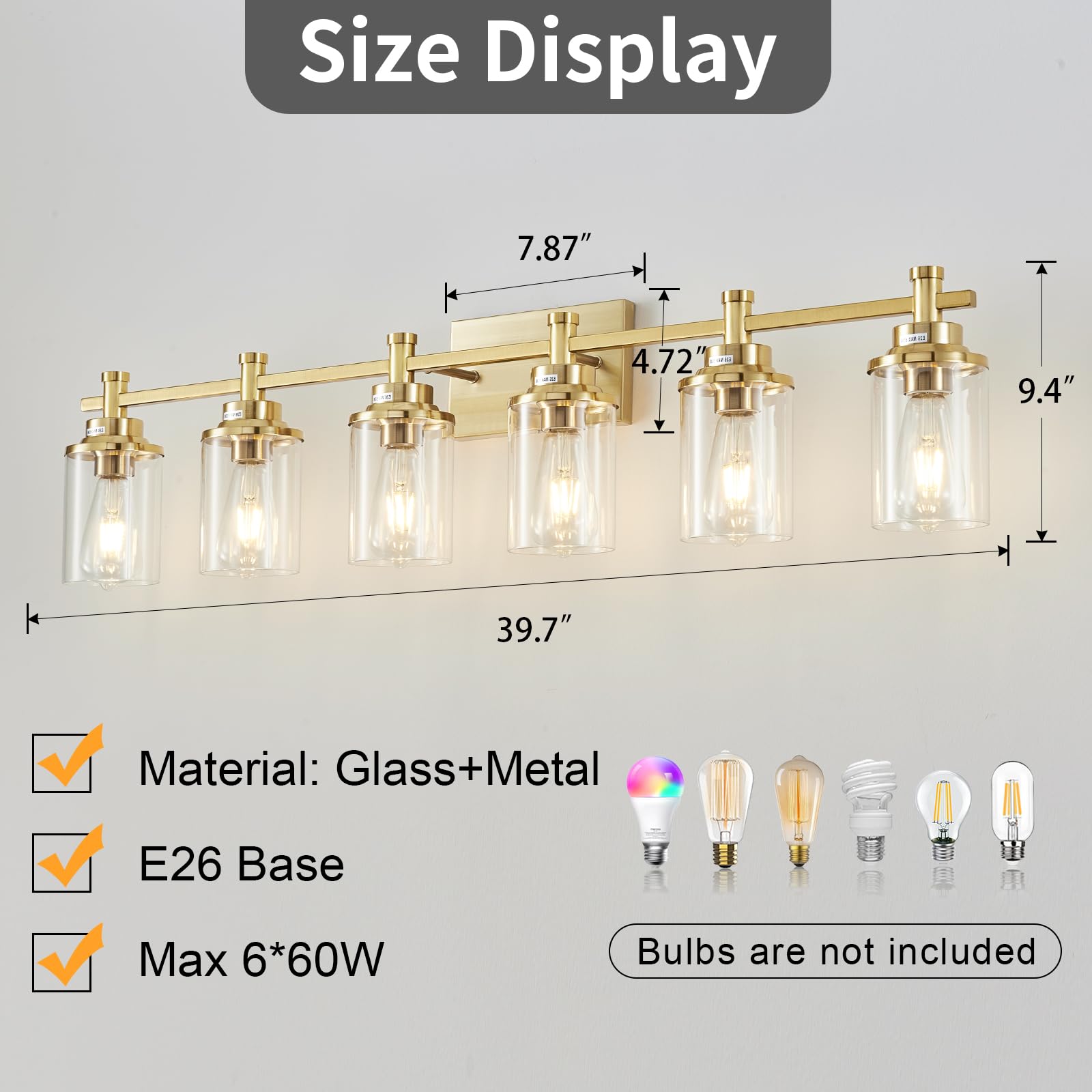 Aixialin Brushed Brass Bathroom Vanity Light, 6 Lights Bathroom Light Fixtures With Glear Glass Shades, Brushed Brass Gold Bathr