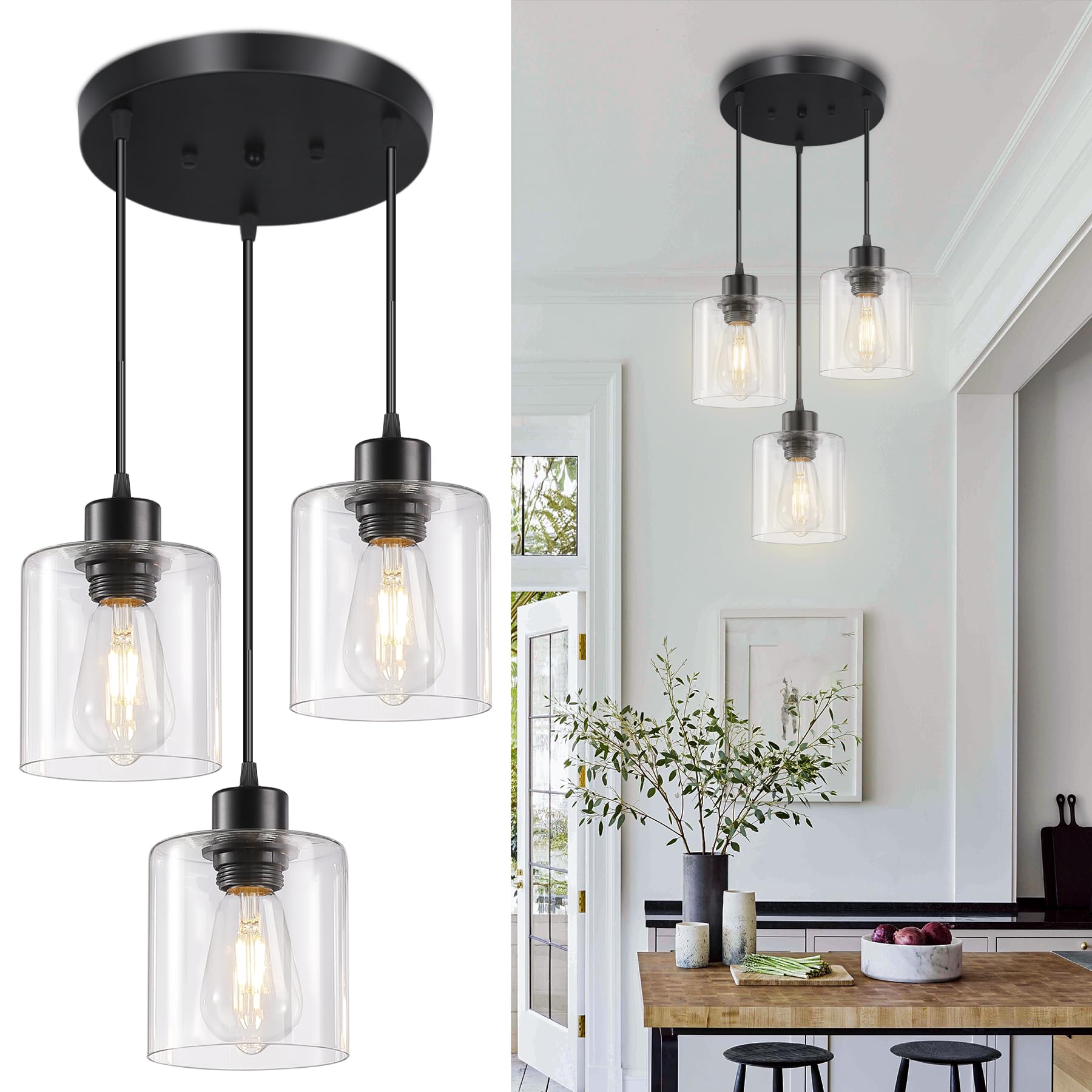 ROCUNSI 3-Lights Pendant Light Fixture, Hanging Light Fixture Kitchen Island, Black Pendant Lighting for Kitchen Bedroom Hallway