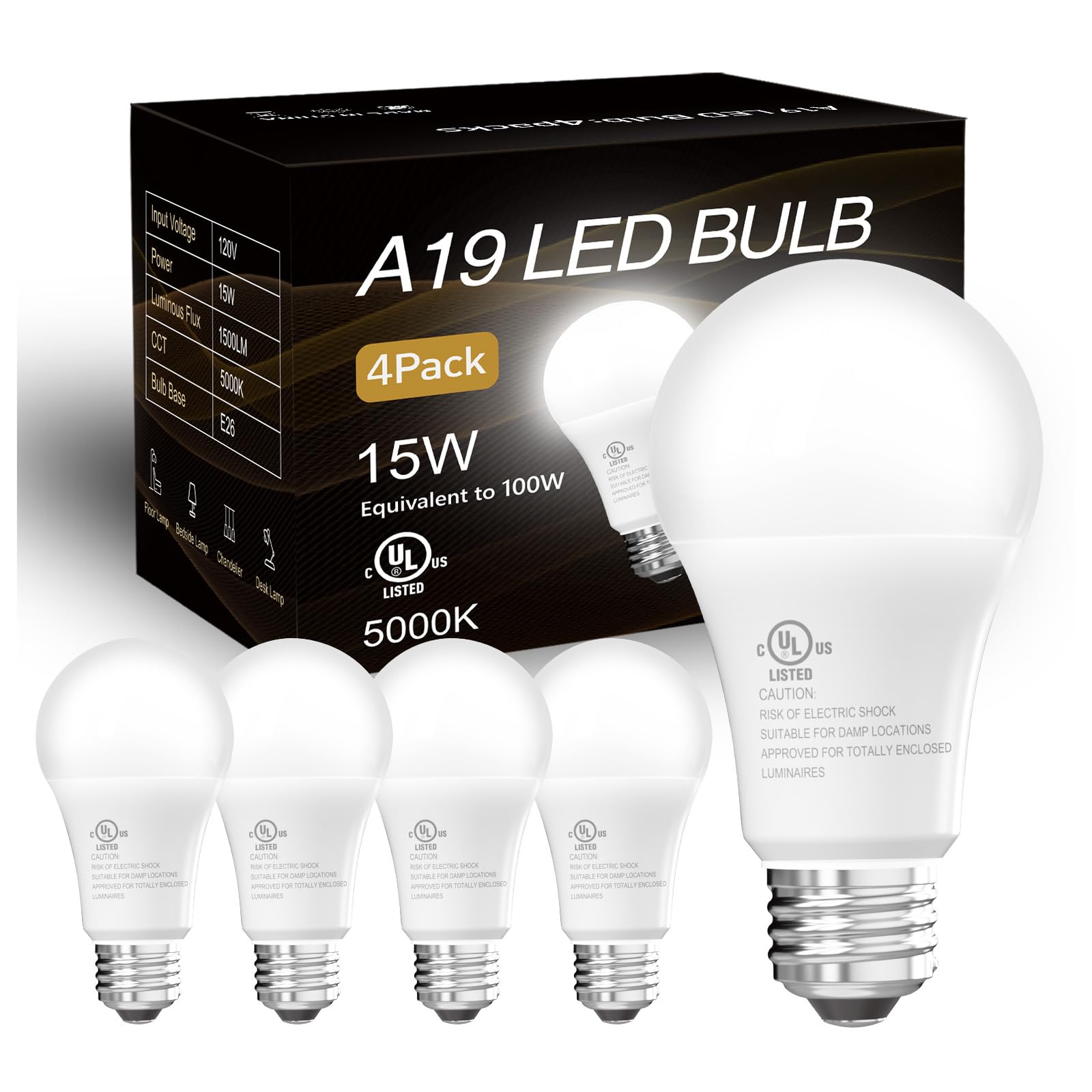 Dalattin 4 Pack Led Bulbs Daylight White 5000K, 100 Watt Equivalent A19 Standard Bulbs, E26 Base, 1500 Lm, Efficient 15W Energy 