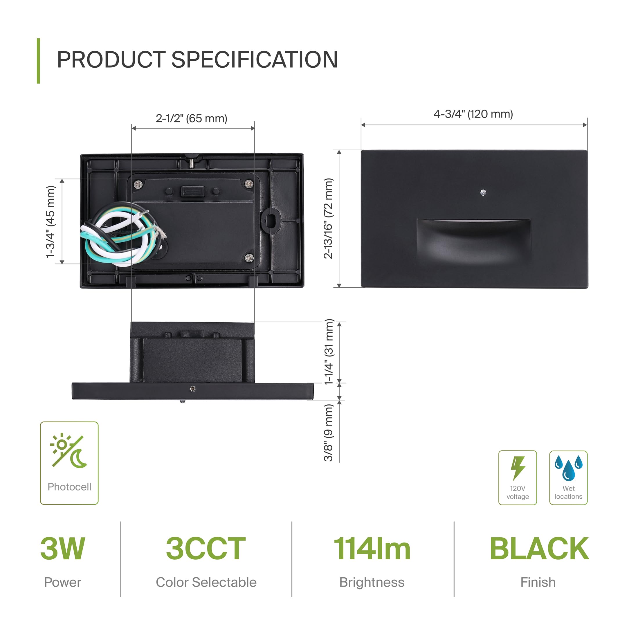 ASD LED Recessed Step Light Fixture, 3W 120LM, 3000K-5000K, Photocell, Waterproof, Black, 4 Pack, Model A-L