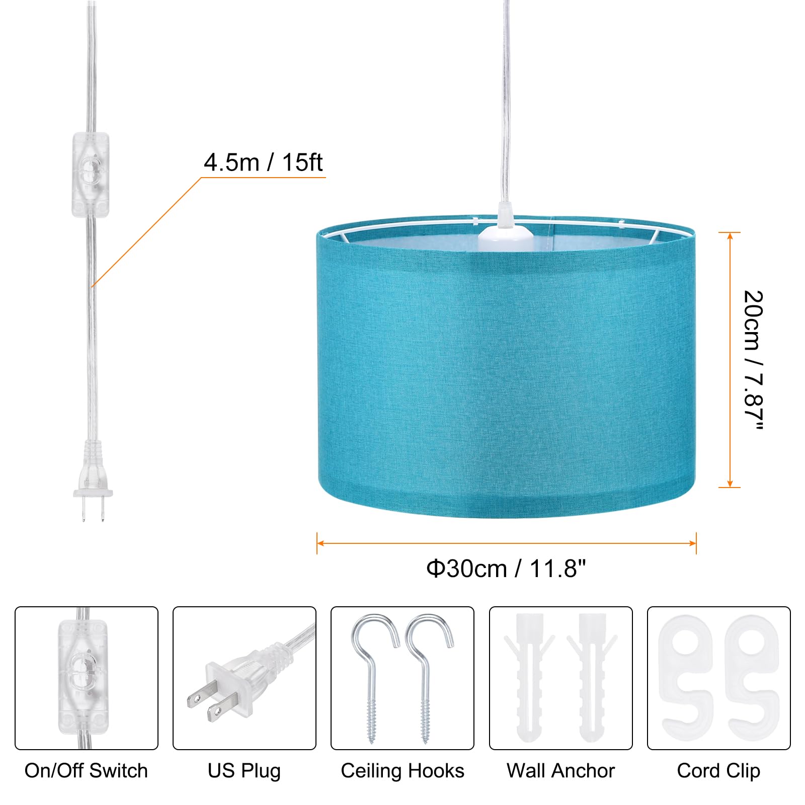 PATIKIL Plug in Pendant Light - 15Ft Rope Cord, Linen Fabric Shade, E26/E27 Socket, Dark Blue for Bedroom Kitchen Living Room