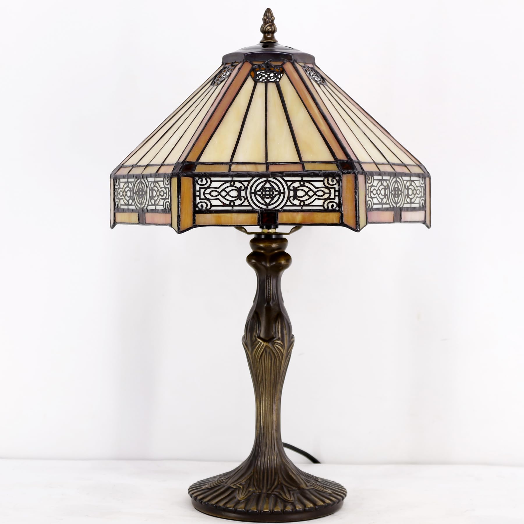 WERFACTORY Tiffany Table Lamp, Yellow Hexagon Stained Glass, 12X10X18 Inches, Mission Style, Ideal for Bedroom & Living Room Decor